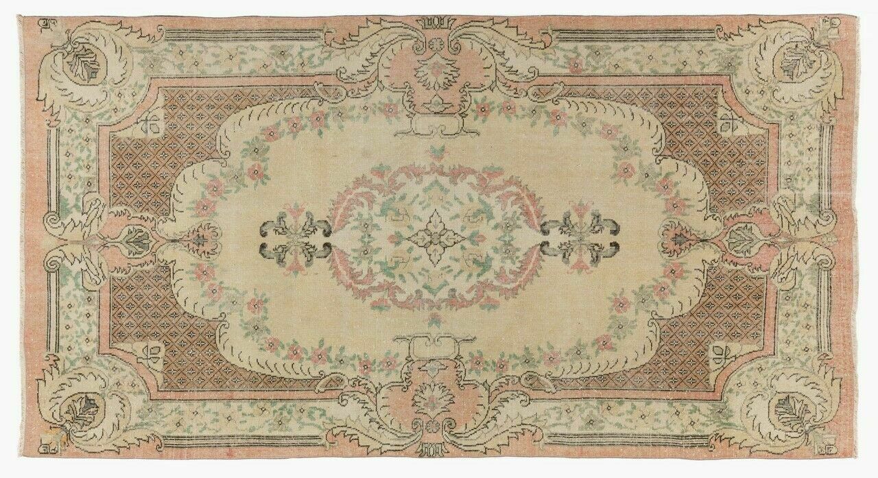 5.6x9.7 Ft Aubusson Inspired Vintage Handmade Turkish Rug In Peach, Pale Yellow photo Textiles