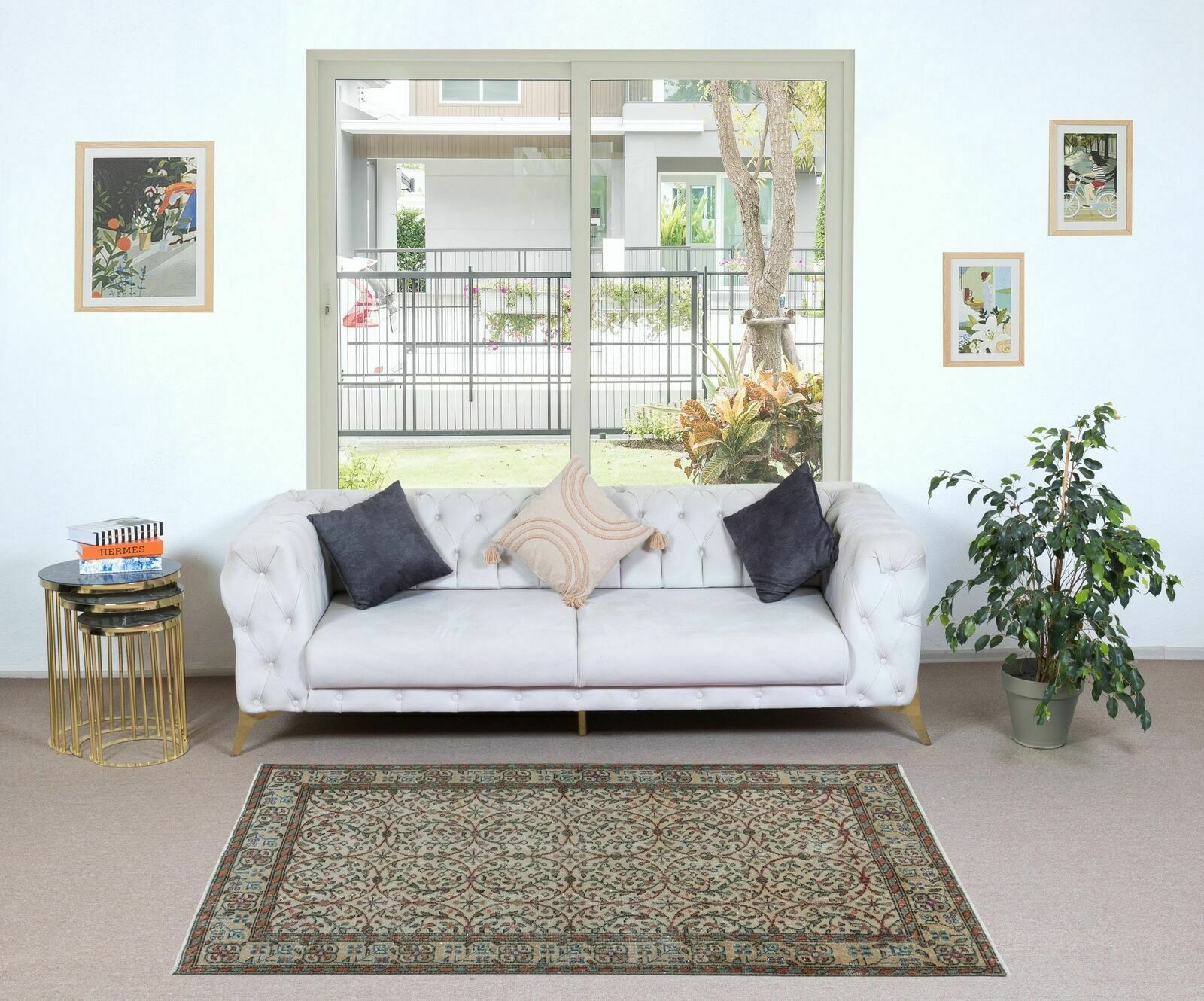 3.8x6.8 Ft Vintage Handmade Anatolian Rug In Beige With All Over Floral Design photo furniture