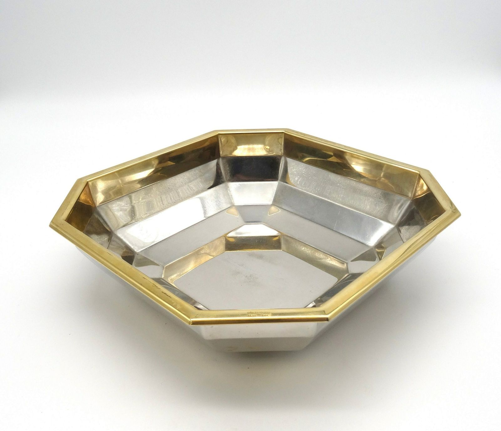 photo for sale Beautiful Mid Century Silver & Gold Plated Geometric Fruit Bowl Center Of Table By Gotthingen