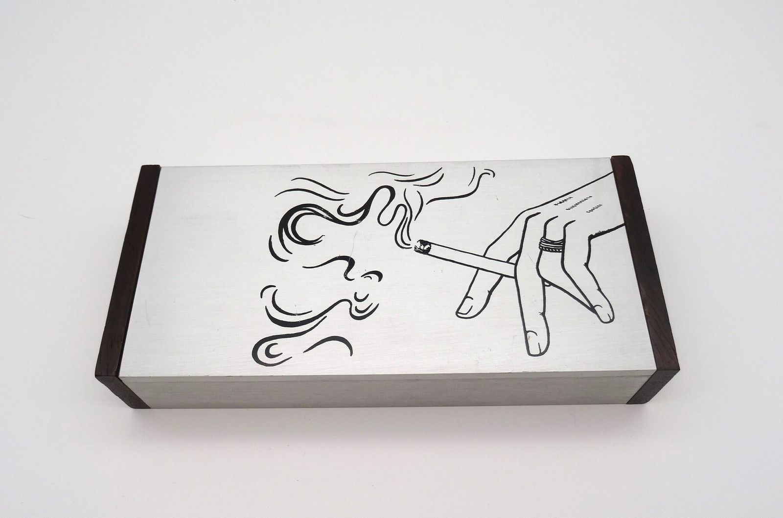 Rare Mid Century Modernist Design Teak & Metal Cigarette Box Italy 1960