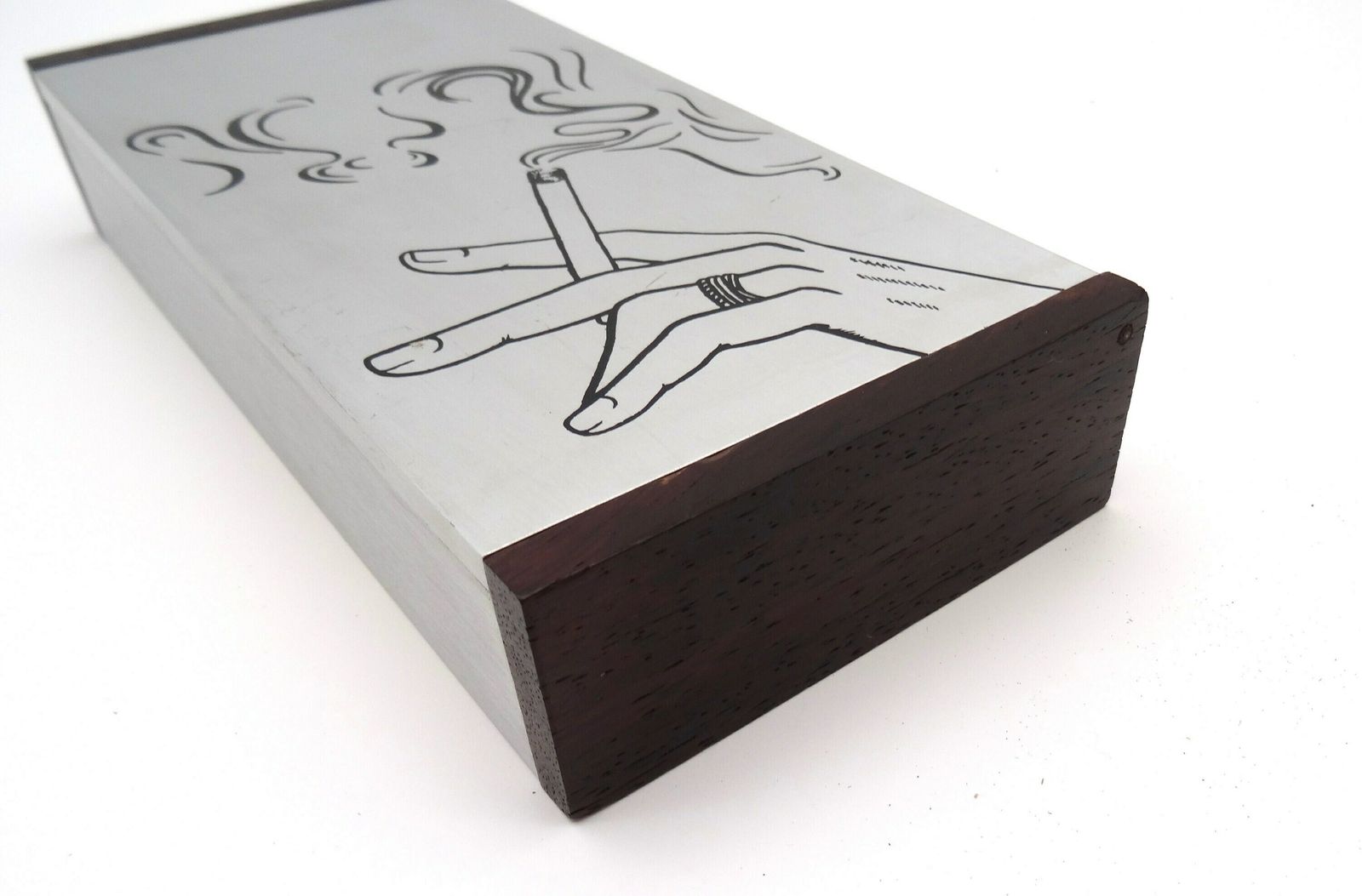 Rare Mid Century Modernist Design Teak & Metal Cigarette Box Italy 1960 photo Home Decor