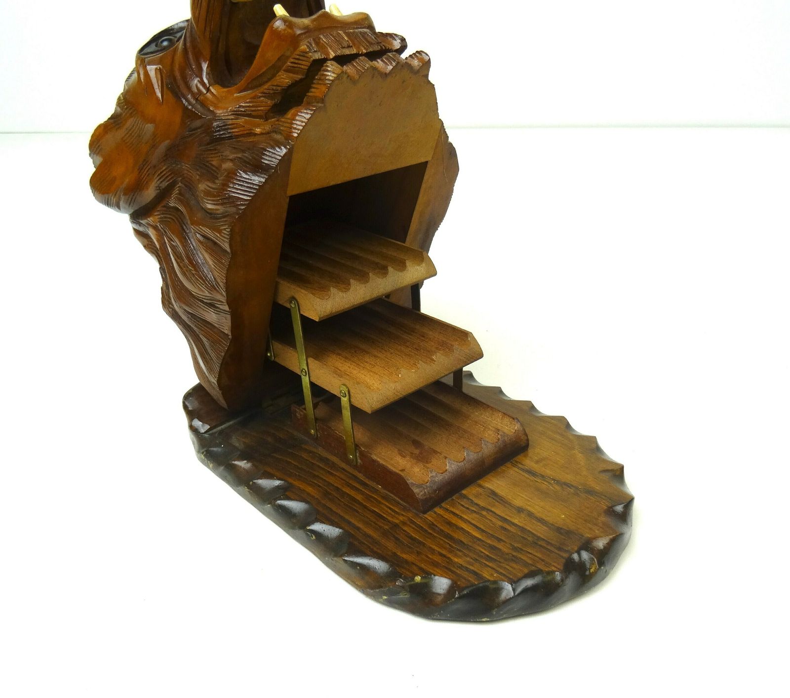 Stunning Antique Art Nouveau Wooden Lion Head Cigarette Dispenser France 1900 photo vinterior