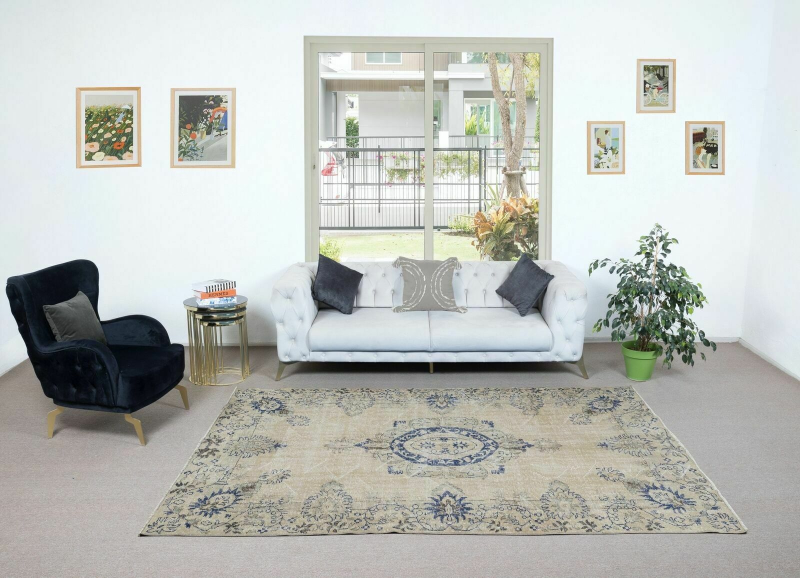 6.4x9.6 Ft Vintage Turkish Rug In Beige & Navy Blue, Sun Faded Handmade Carpet photo furniture