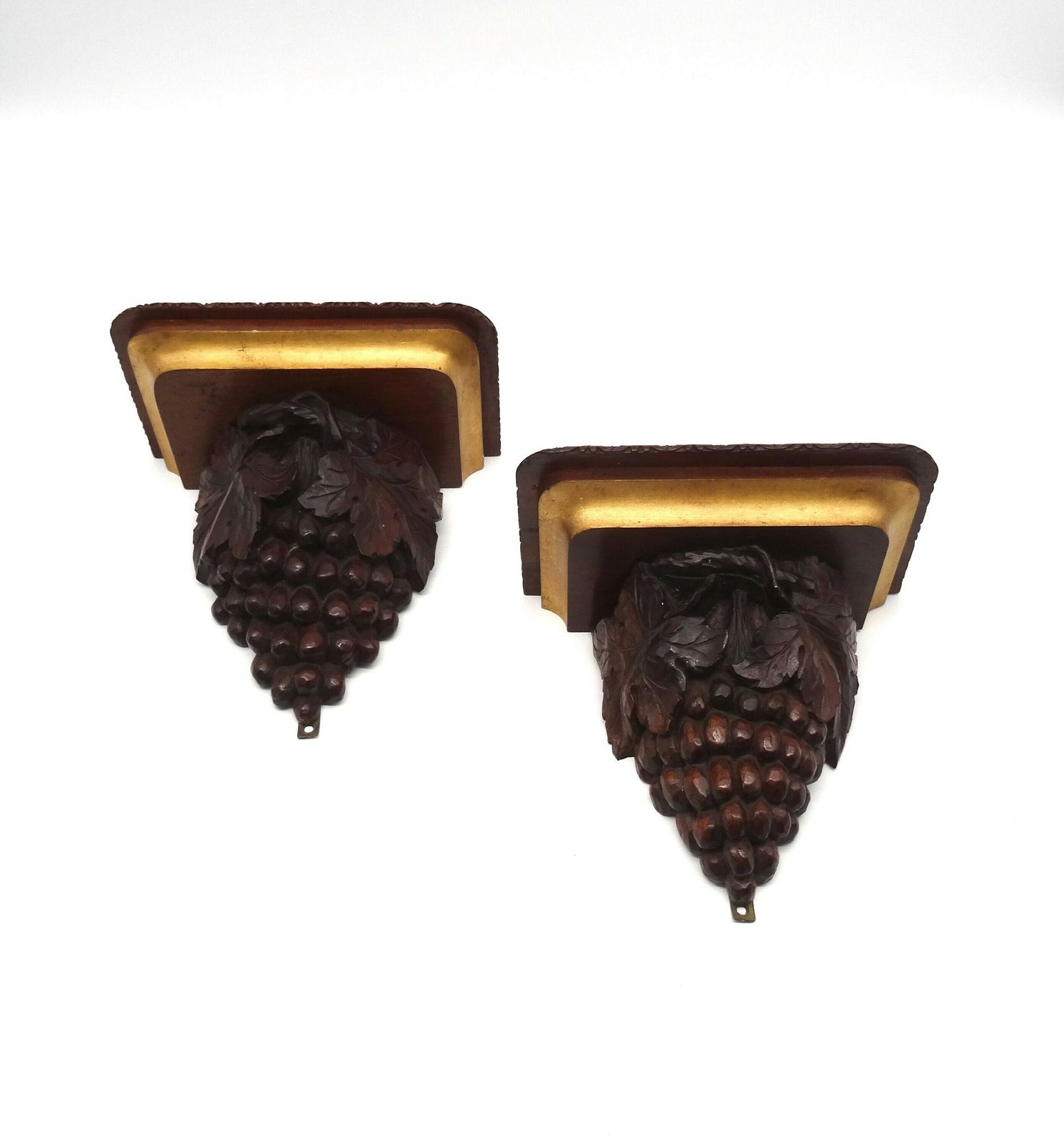 Beautiful Antique Wooden Grapes Pair Wall Racks Consoles France 1890
