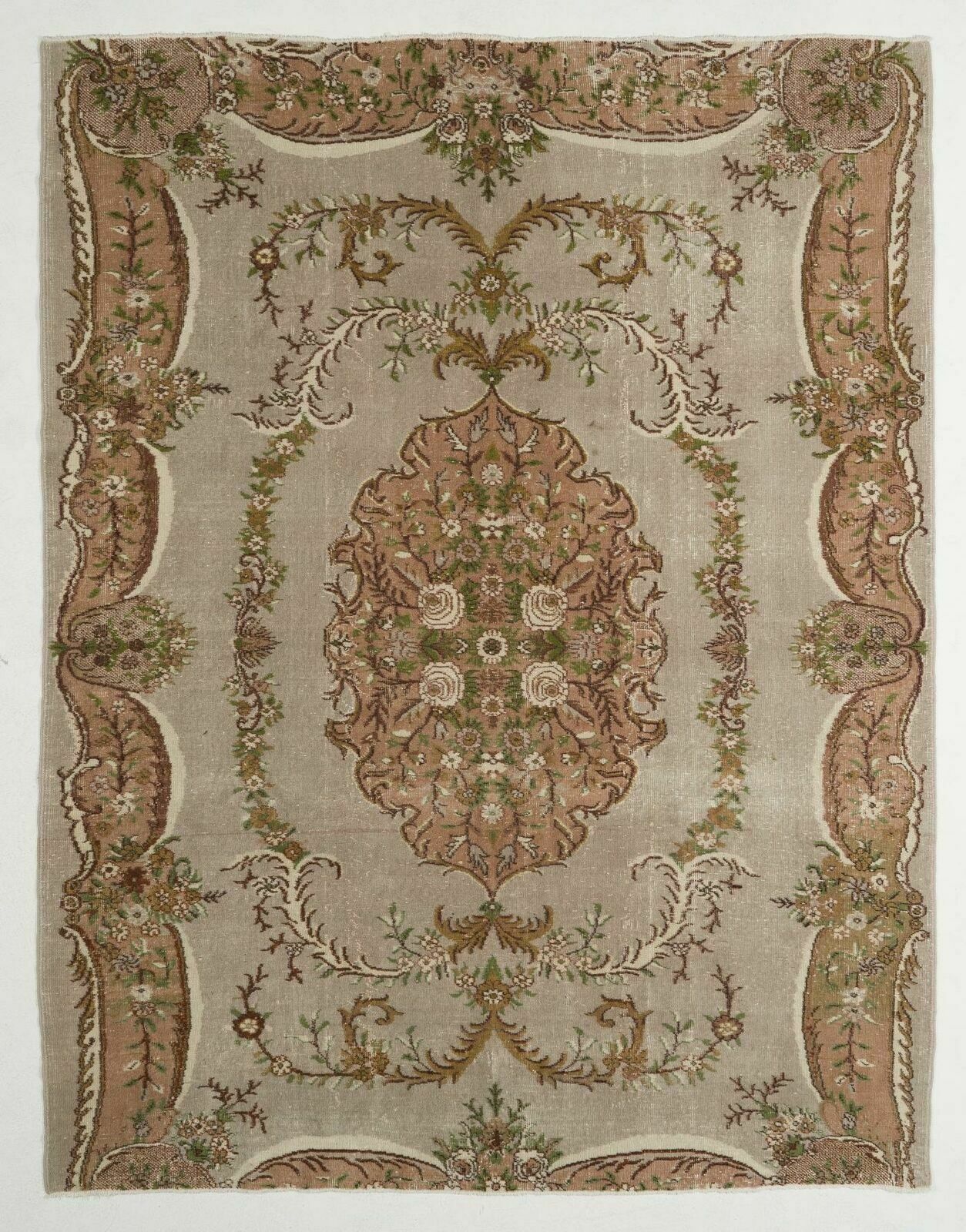 7x9 Ft Aubusson Inspired Vintage Turkish Handmade Wool Rug In Faded Rose, Gray