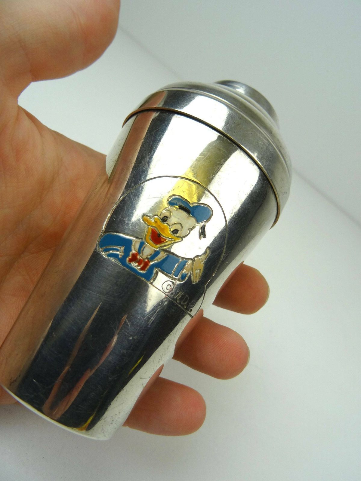 Rare Art Deco Silver Plate Enamel Donald Duck Mickey Shaker France 1930 photo furniture