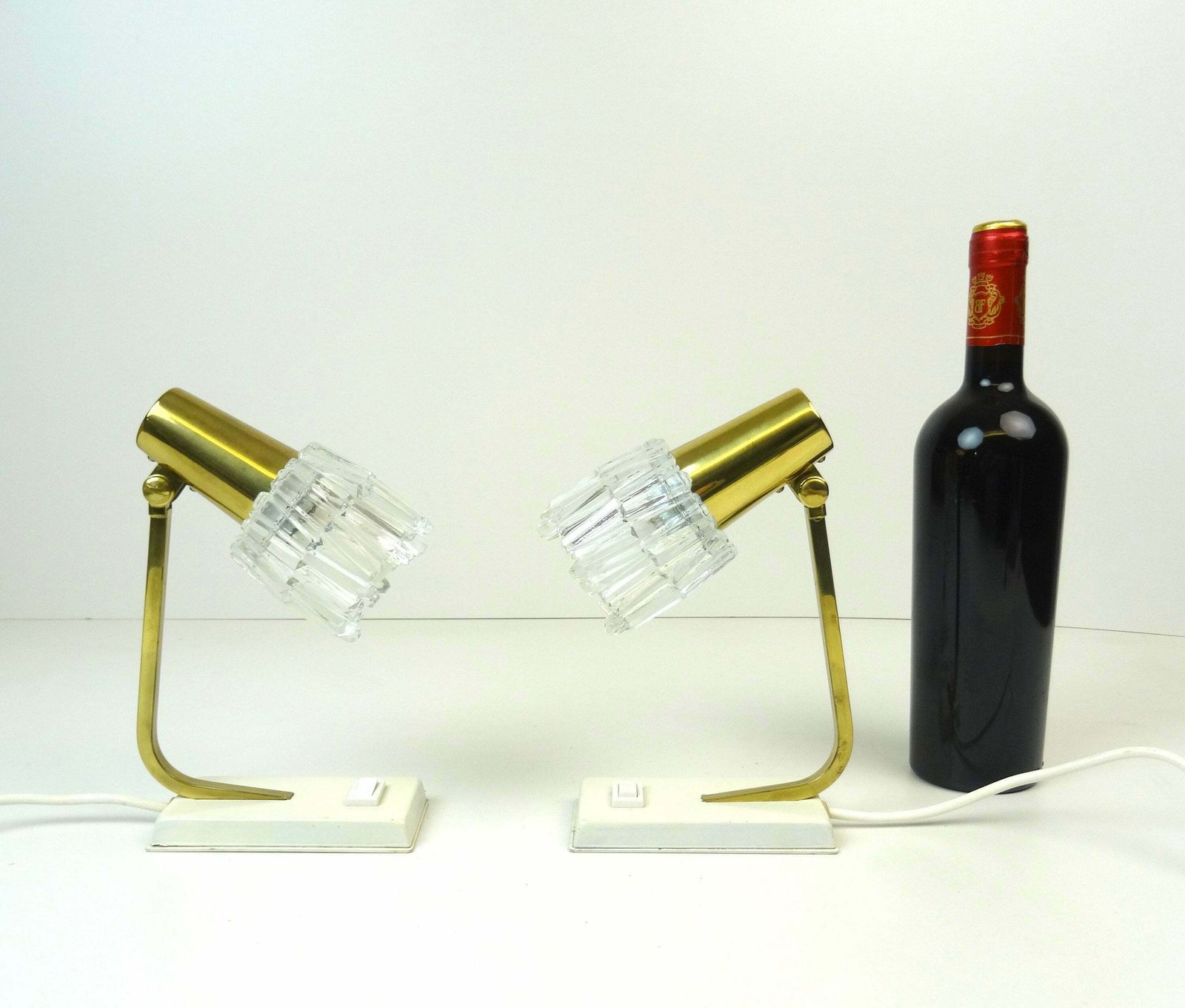 Rare Mid Century Brass & Ice Glass Hollywood Regency Pair Bedside Desk Lamps photo buy