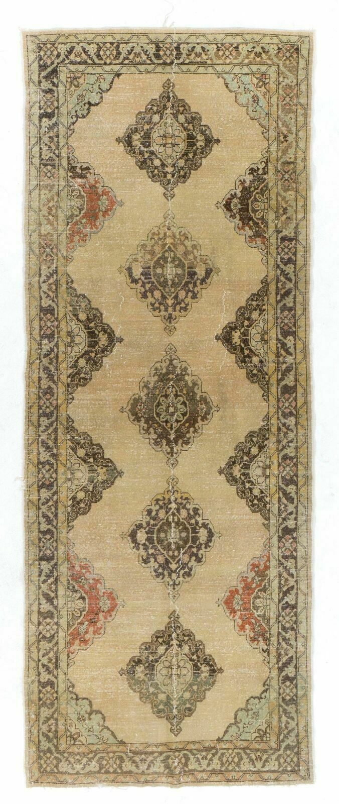 5x12.7 Ft Mid Century Handmade Oushak Runner. Natural Beige & Brown Wool Rug