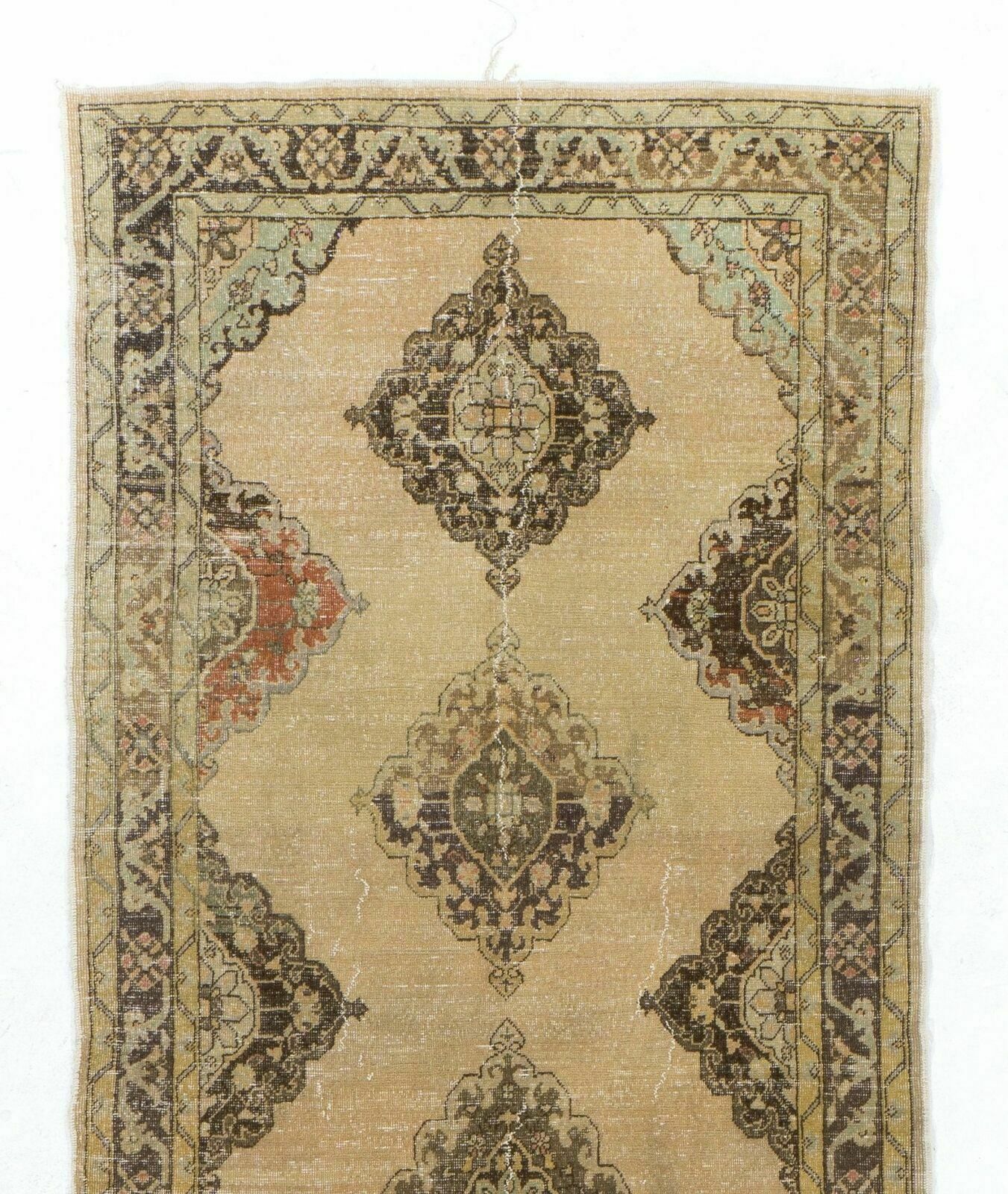 5x12.7 Ft Mid Century Handmade Oushak Runner. Natural Beige & Brown Wool Rug photo furniture