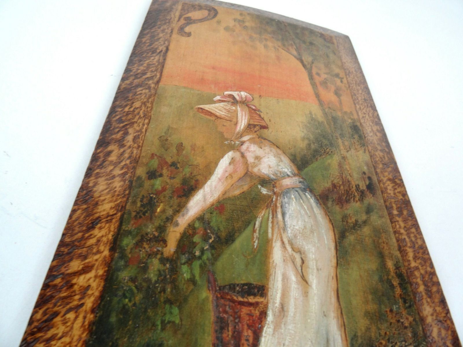 Antique Art Nouveau Pyrography Painting Woman Harvest Berries Signed J.P 1904 photo 324.0