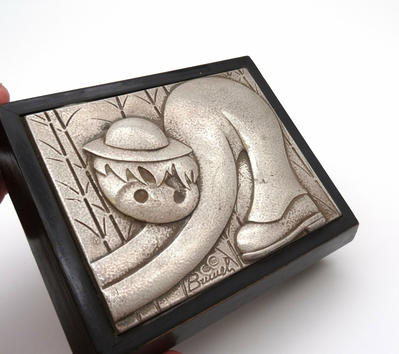 Beautiful Mid Century Wood & 925 Silver Surrealism Plaque Jewelry Box By Artist Brunel photo for sale