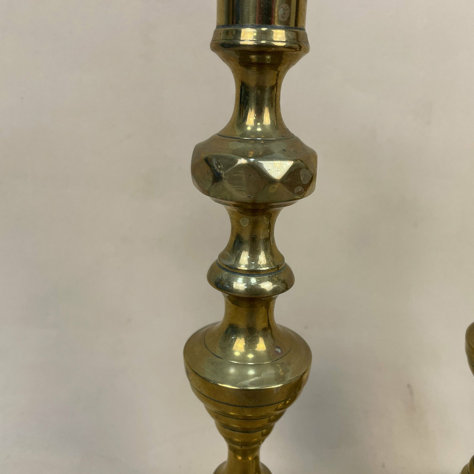 Antique Matching Pair Of Gold Brass Metal Candlestick Candle Stick Vintage Column Taper Dinner Candlesticks Square Base Column photo for sale