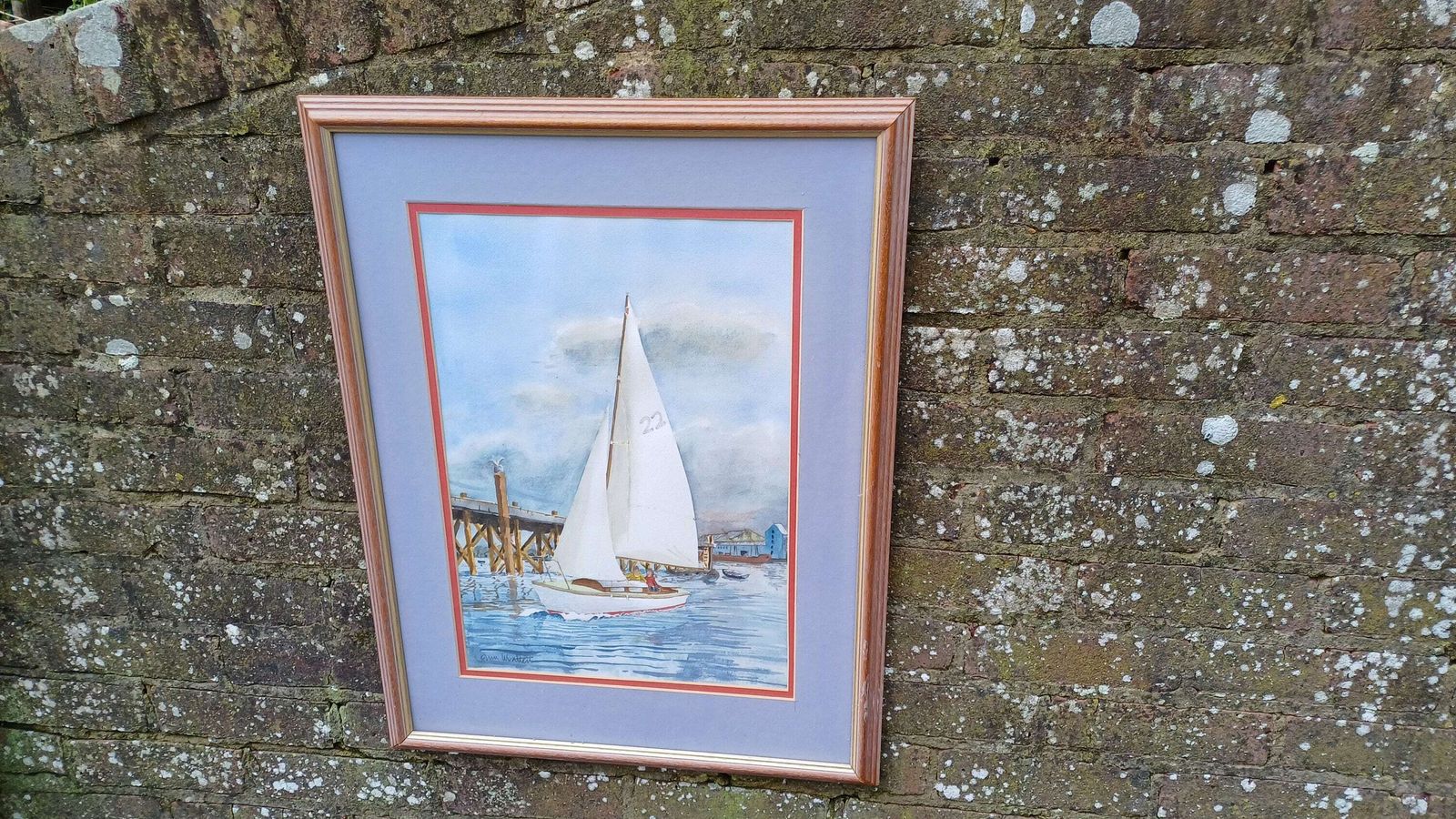 Large Original Watercolour Of A Yacht Leaving A Harbour, Jetty, Quay   Seaside, Maritime, Boating Scene