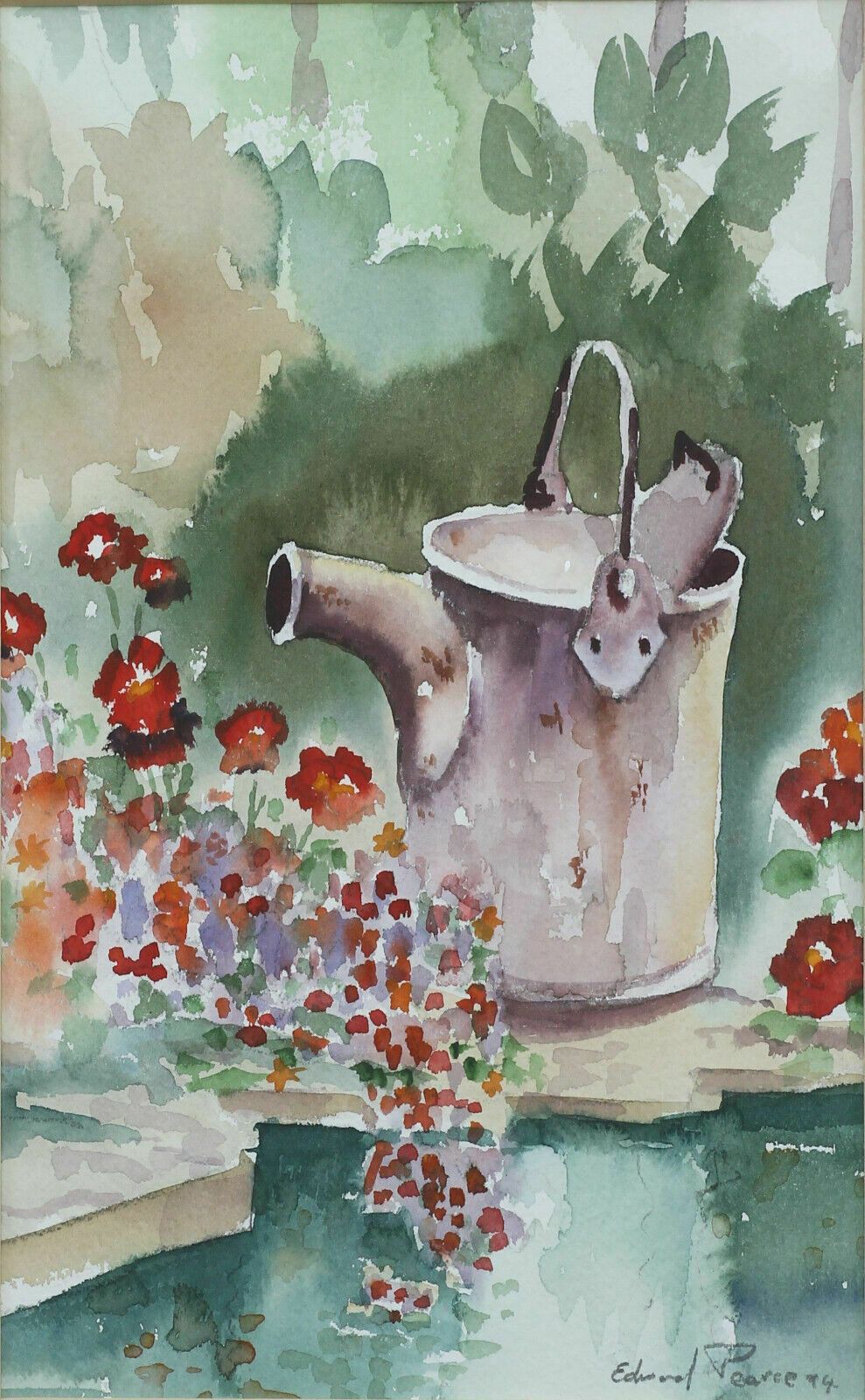 Watercolour By Edward Pearce. Watering Can And Flowers photo furniture
