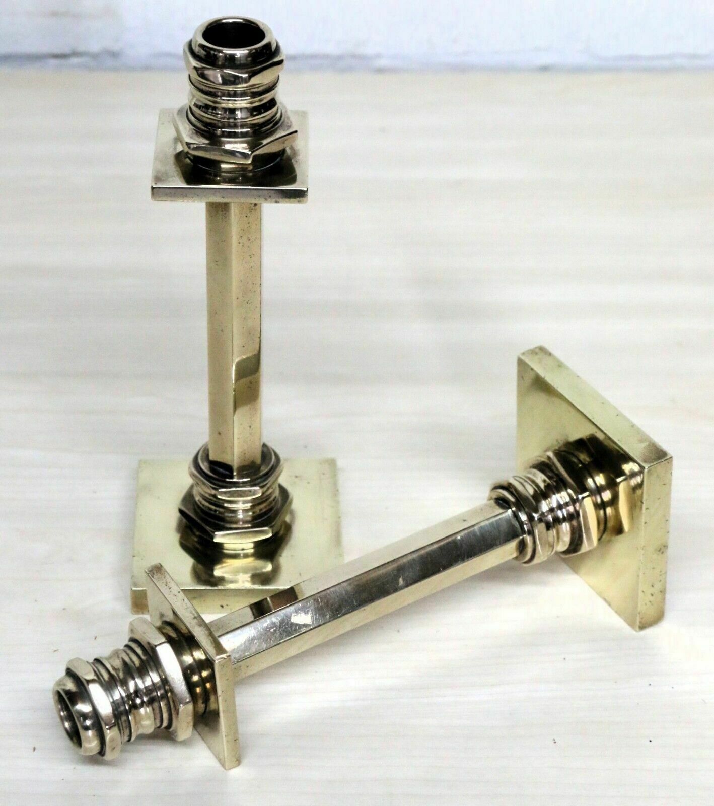 Candlesticks A Pair Of Art Deco Machine Age Brass Antique Candle Sticks photo buy