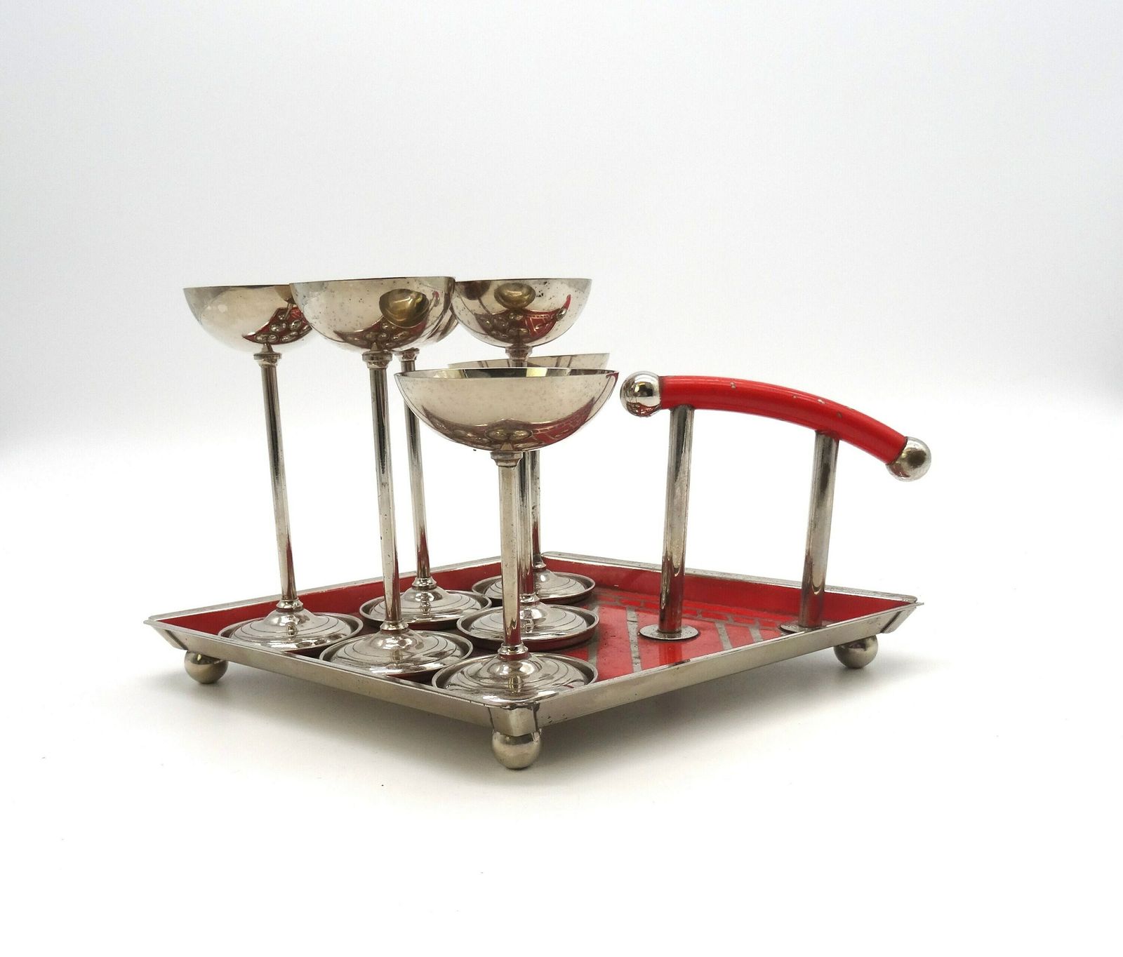 Rare Bauhaus Red Enamel Cubist Tray With Vodka Cups Art Deco Germany 1930 Barware photo 245.0