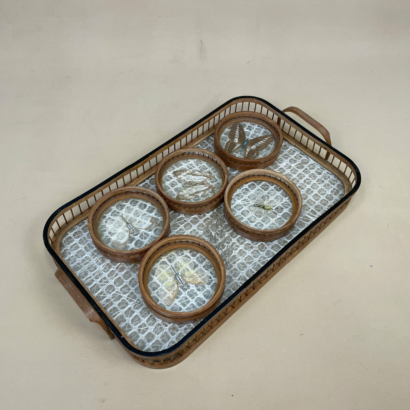 Vintage Wooden Bamboo Patterned Tray Plate Cup Holder Taxidermy Butterfly Retro Antique Wood Rectangle Plate Decorative Drinks Set Drink photo 55.0