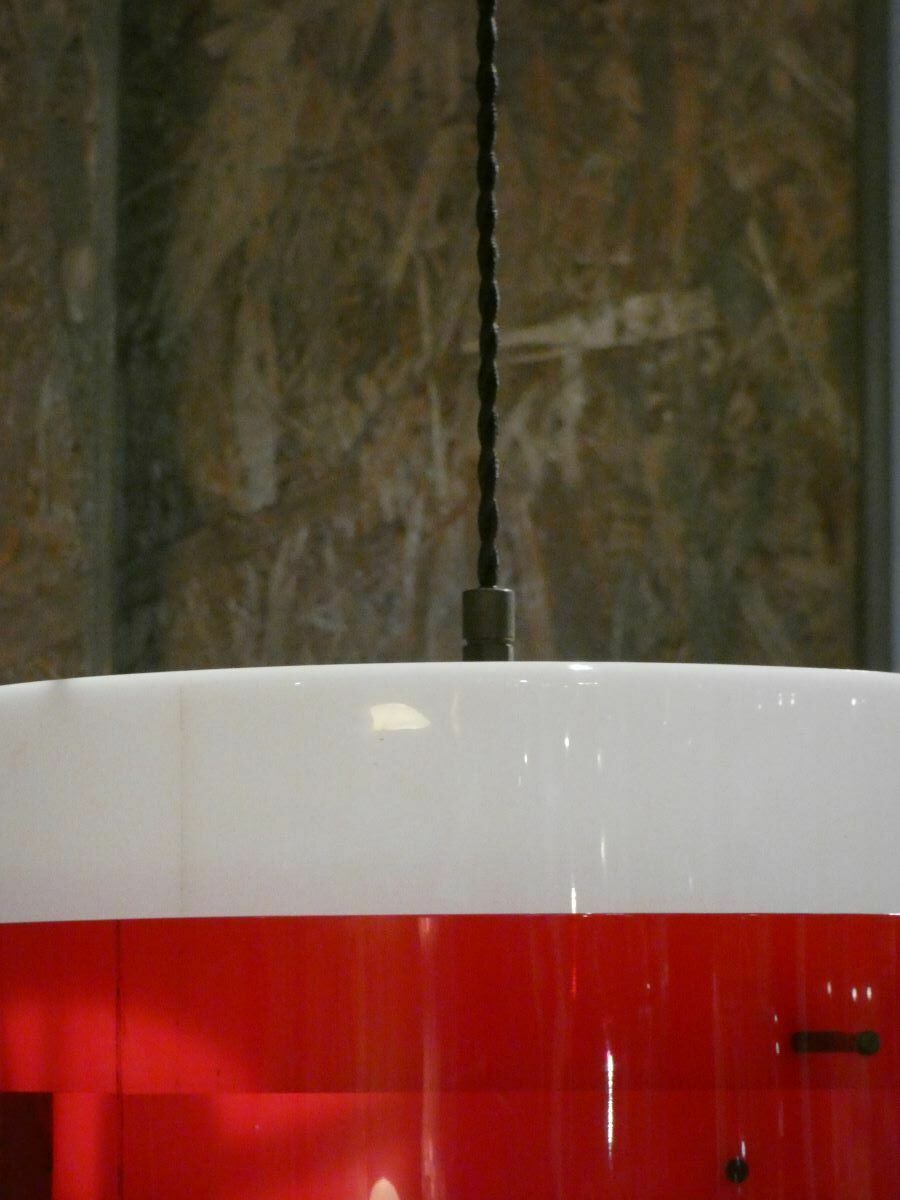 1960s Stilnovo Mid Century Italian Pendant Lamp In White And Red Methacrylate And Brass By Stilux photo buy