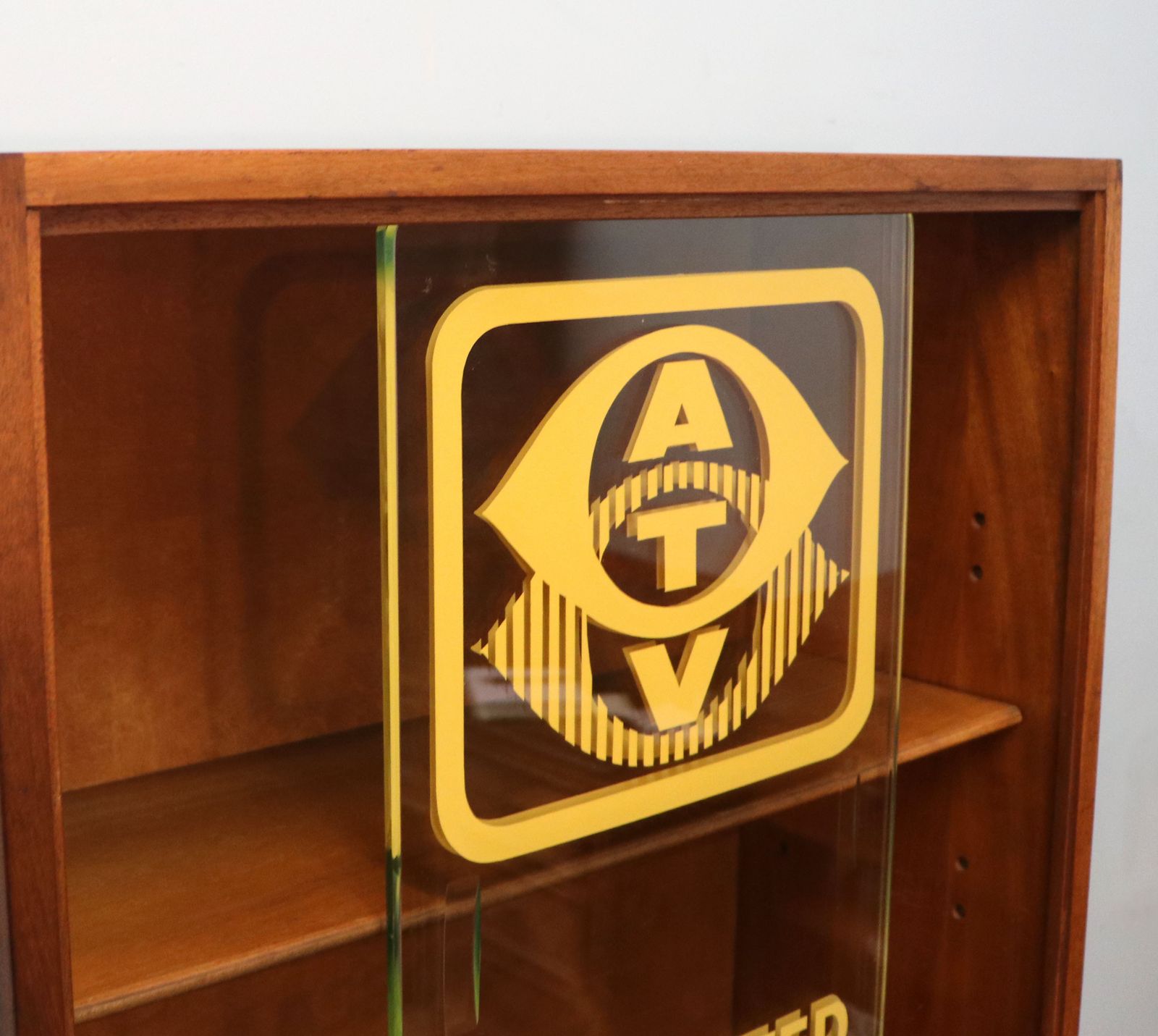 Furniture A Lovely Mid Century Display Cabinet Later Sign Written With The Emblems And Wording For Associated Television. photo