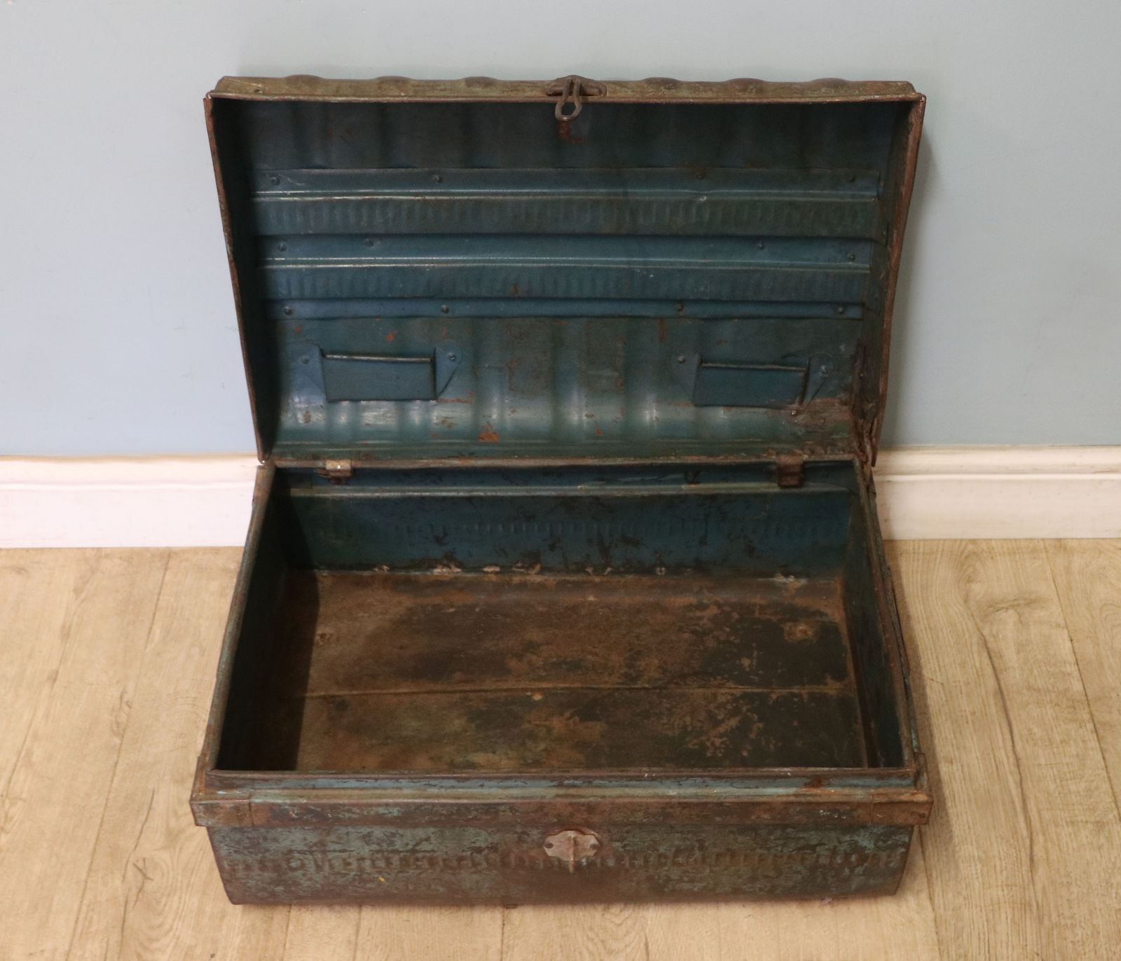 A Lovely Vintage Metal Trunk Which Has Been Later Hand Sign Written With The Porsche Emblem. photo vinterior