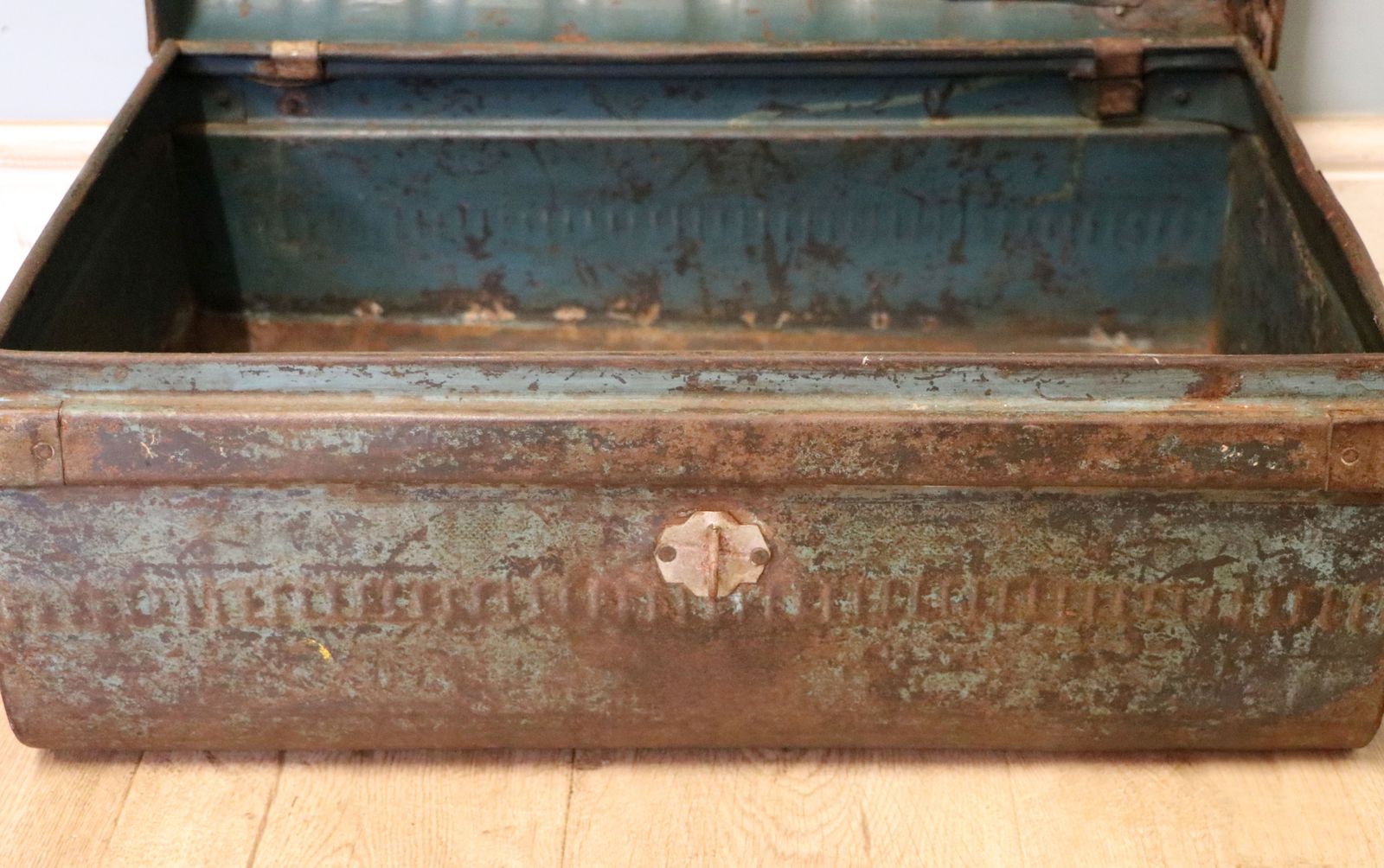 245.0 A Lovely Vintage Metal Trunk Which Has Been Later Hand Sign Written With The Porsche Emblem. photo