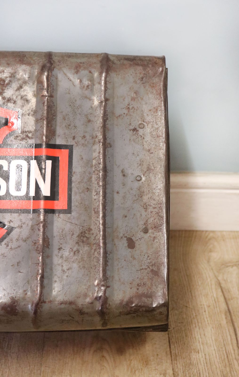 A Lovely Vintage Metal Trunk Which Has Been Later Hand Sign Written With The Harley Davidson Emblem. photo Furniture