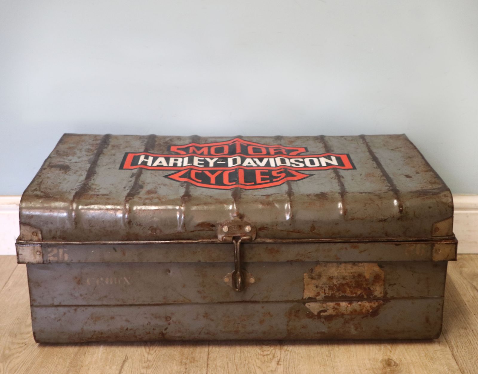 A Lovely Vintage Metal Trunk Which Has Been Later Hand Sign Written With The Harley Davidson Emblem. photo 245.0