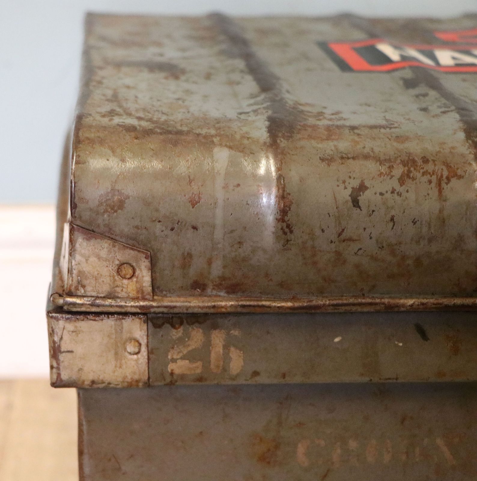 Furniture A Lovely Vintage Metal Trunk Which Has Been Later Hand Sign Written With The Harley Davidson Emblem. photo