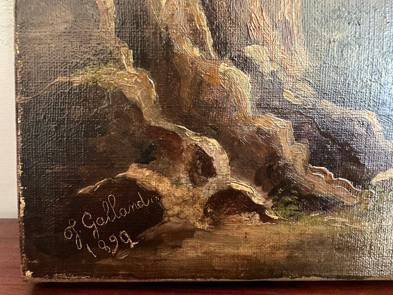 Antique Oil Painting On Canvas, 19thc French School Original Art Signed J.Galland, Village Painting photo Art