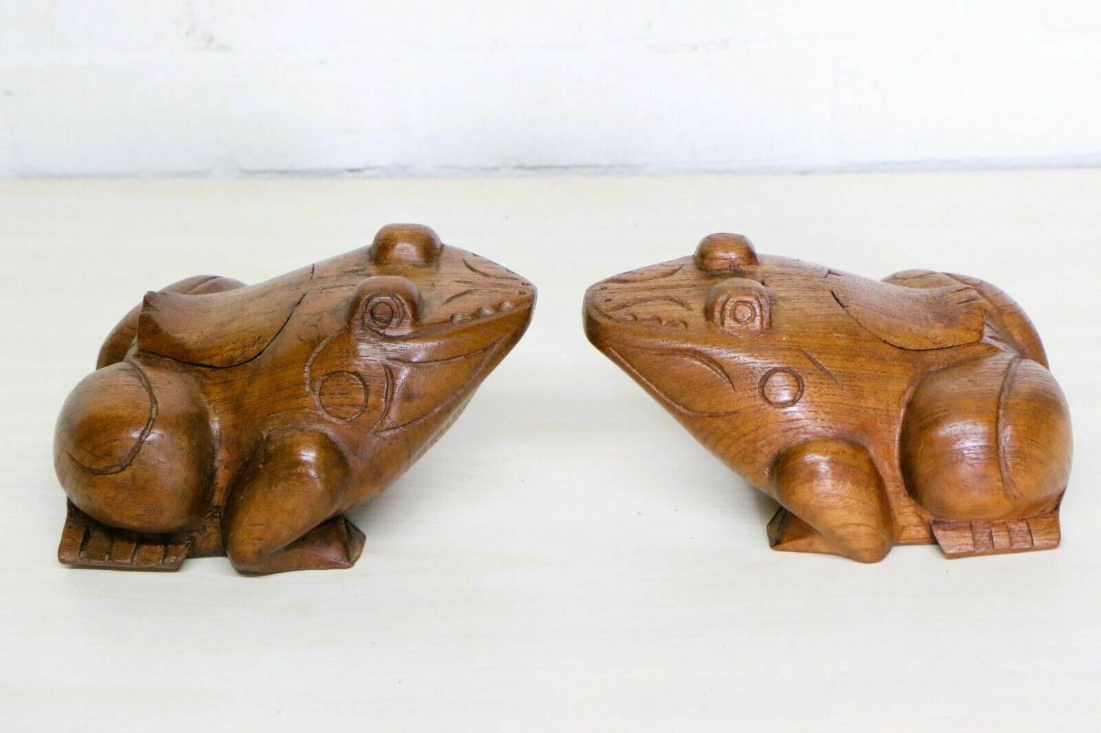 A Pair Of Large Antique Wooden Frog Incense Burners Chinese Carved Teak 1960's photo for sale