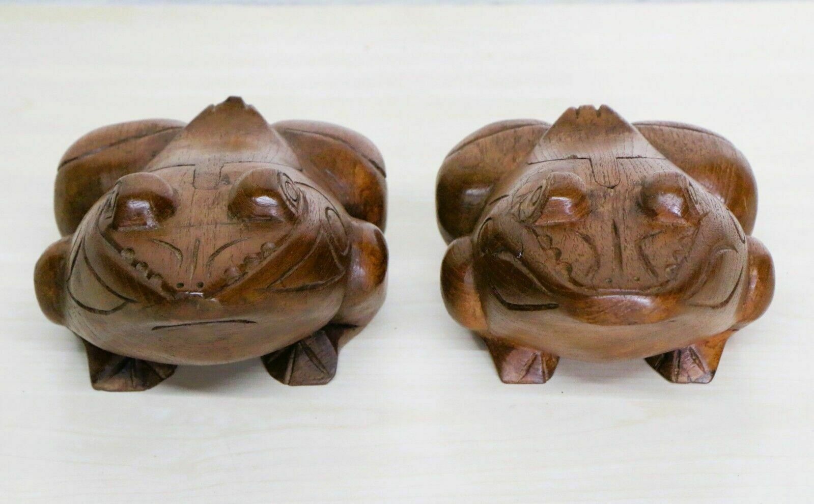 A Pair Of Large Antique Wooden Frog Incense Burners Chinese Carved Teak 1960's photo 95.0