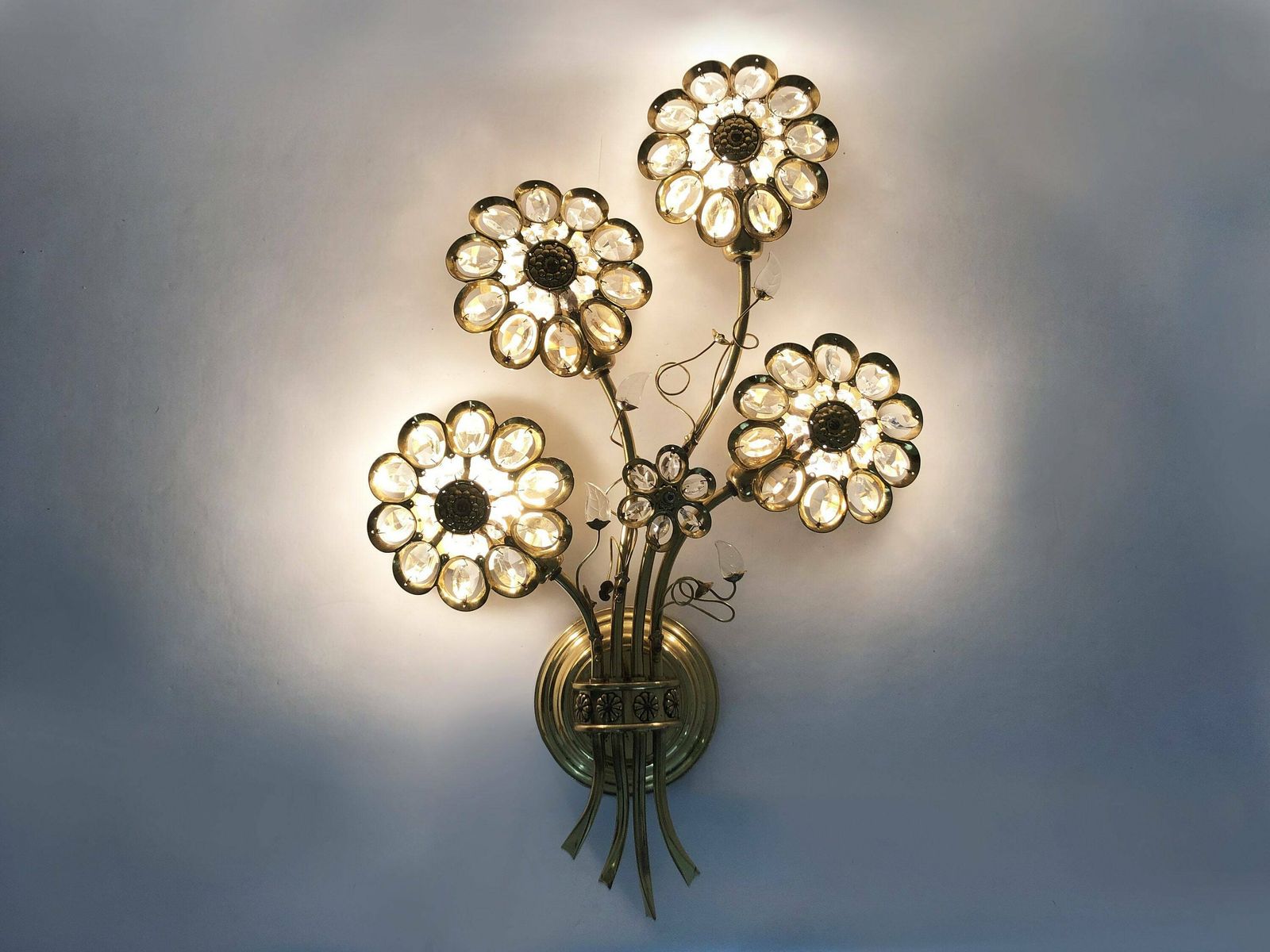 Large Pair Of Vintage Palwa Crystal And Brass Flower Wall Lights With 4 Lights photo furniture