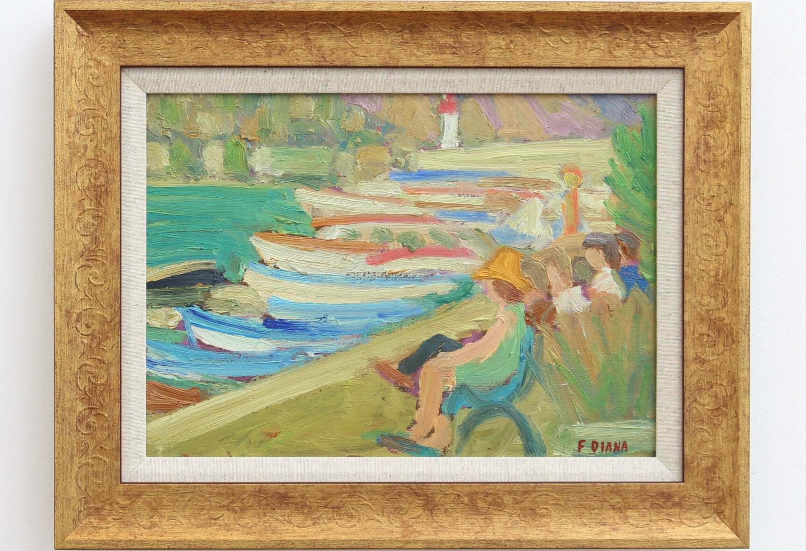 'Family Seated On A Bench At The Port' By François Diana (Circa 1970s) photo furniture