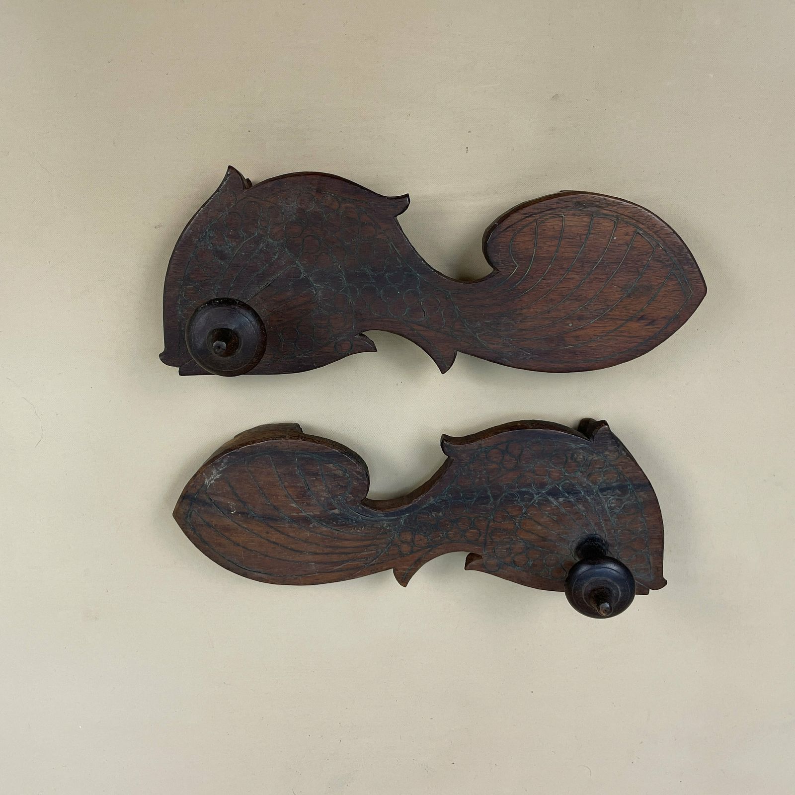 Antique Indonesian Shoes Wooden Wall Coat Room Hanger Rack Hook Brown Hooks Mud Room Hallway Storage Hat Wood Fish Handmade Asian photo for sale