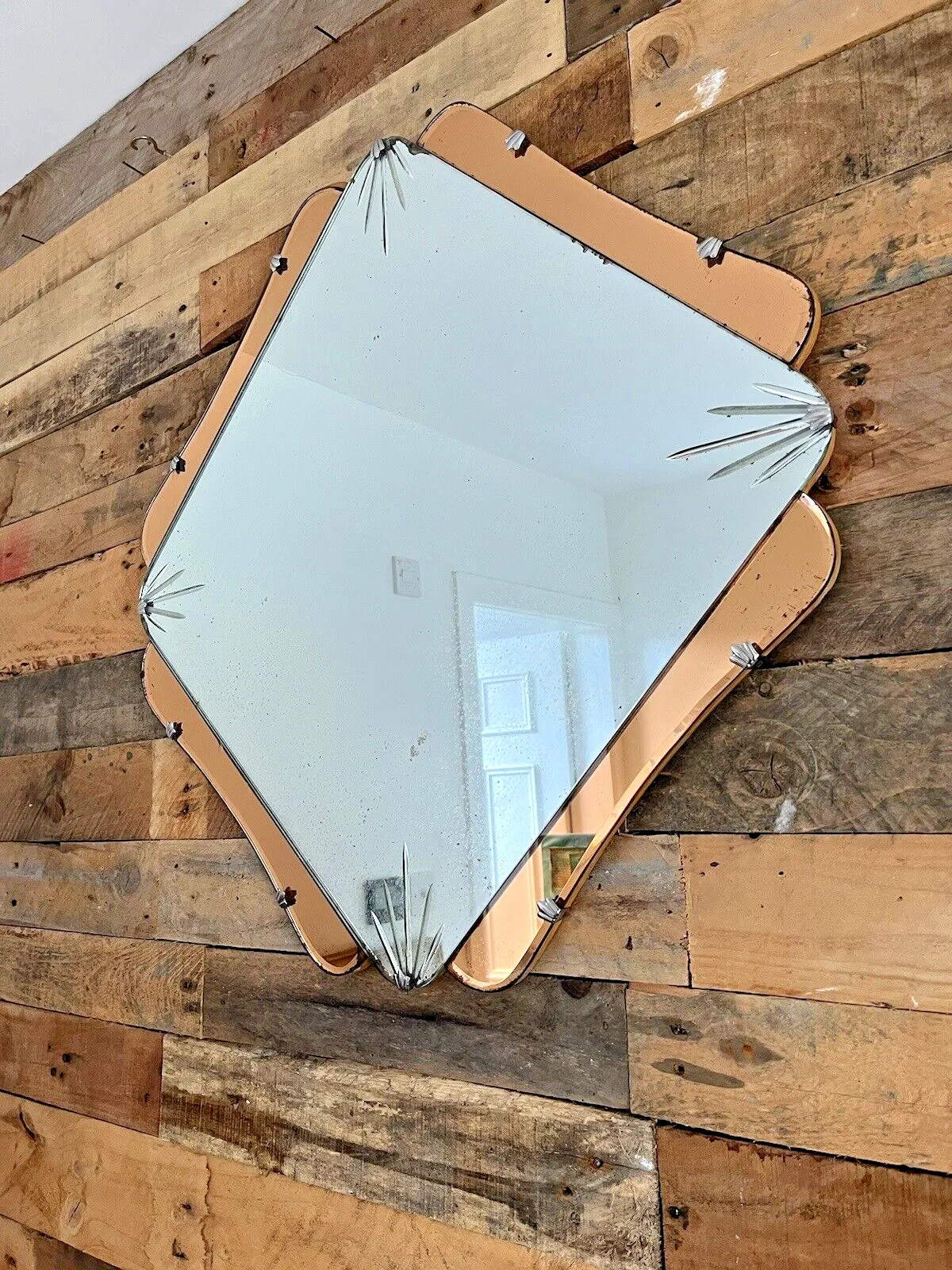 Huge 28" Beautiful 1930's Art Deco Over Mantel Mirror Copper Peach Starburst