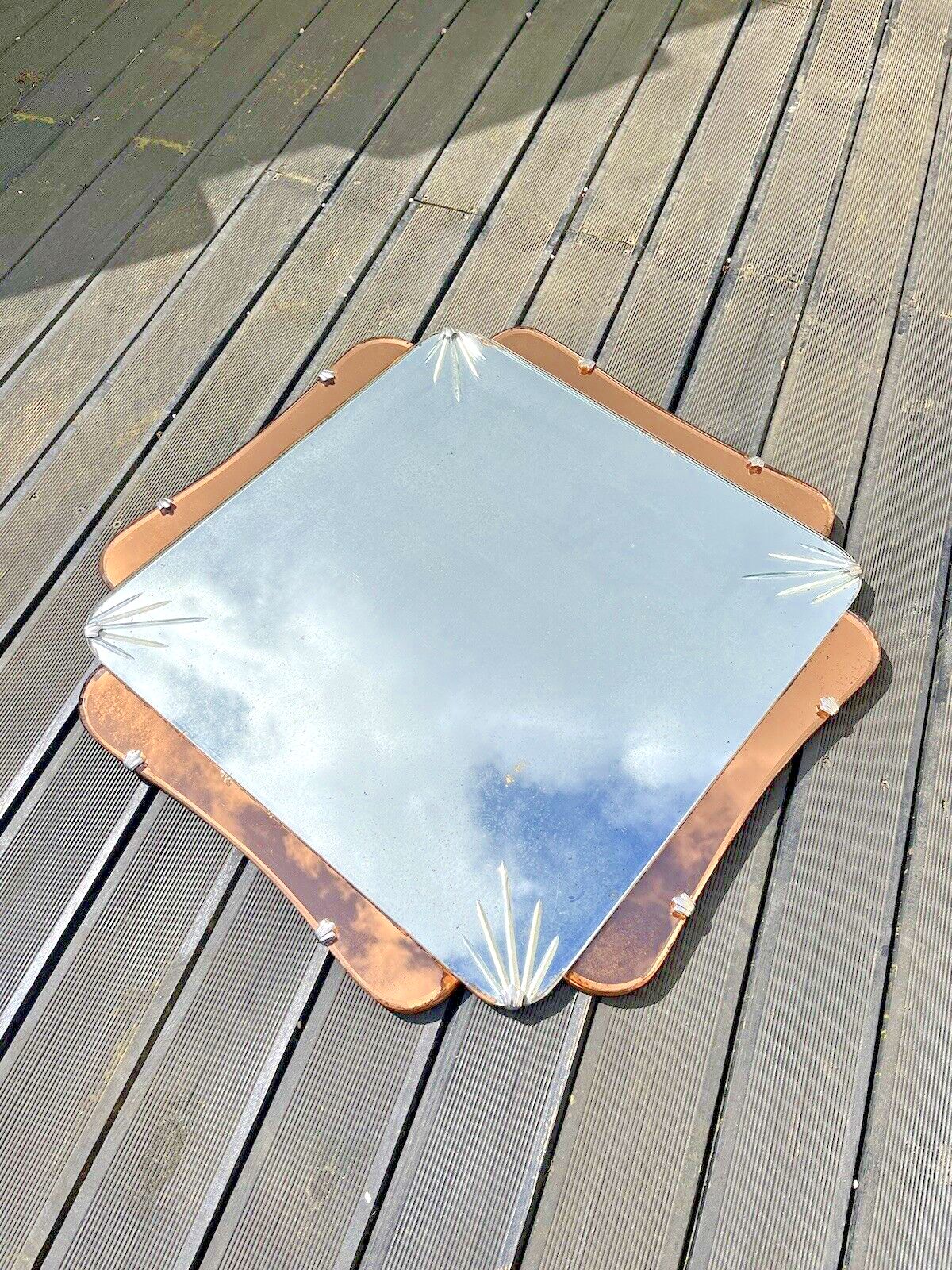 Huge 28" Beautiful 1930's Art Deco Over Mantel Mirror Copper Peach Starburst photo 295.0