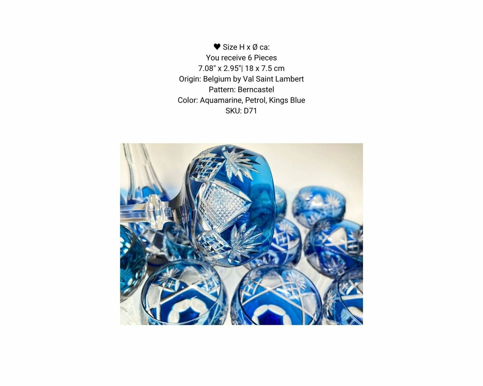 Val Saint Lambert Berncastel | 6 Stuks | Aquamarijn, Petrol, Kings Blue photo for sale