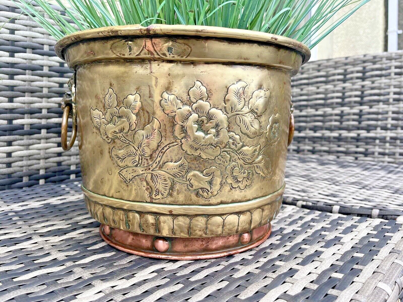 Antique Armorial Brass Copper Jardiniere Plant Pot Lion Head Handles Ice Bucket photo for sale
