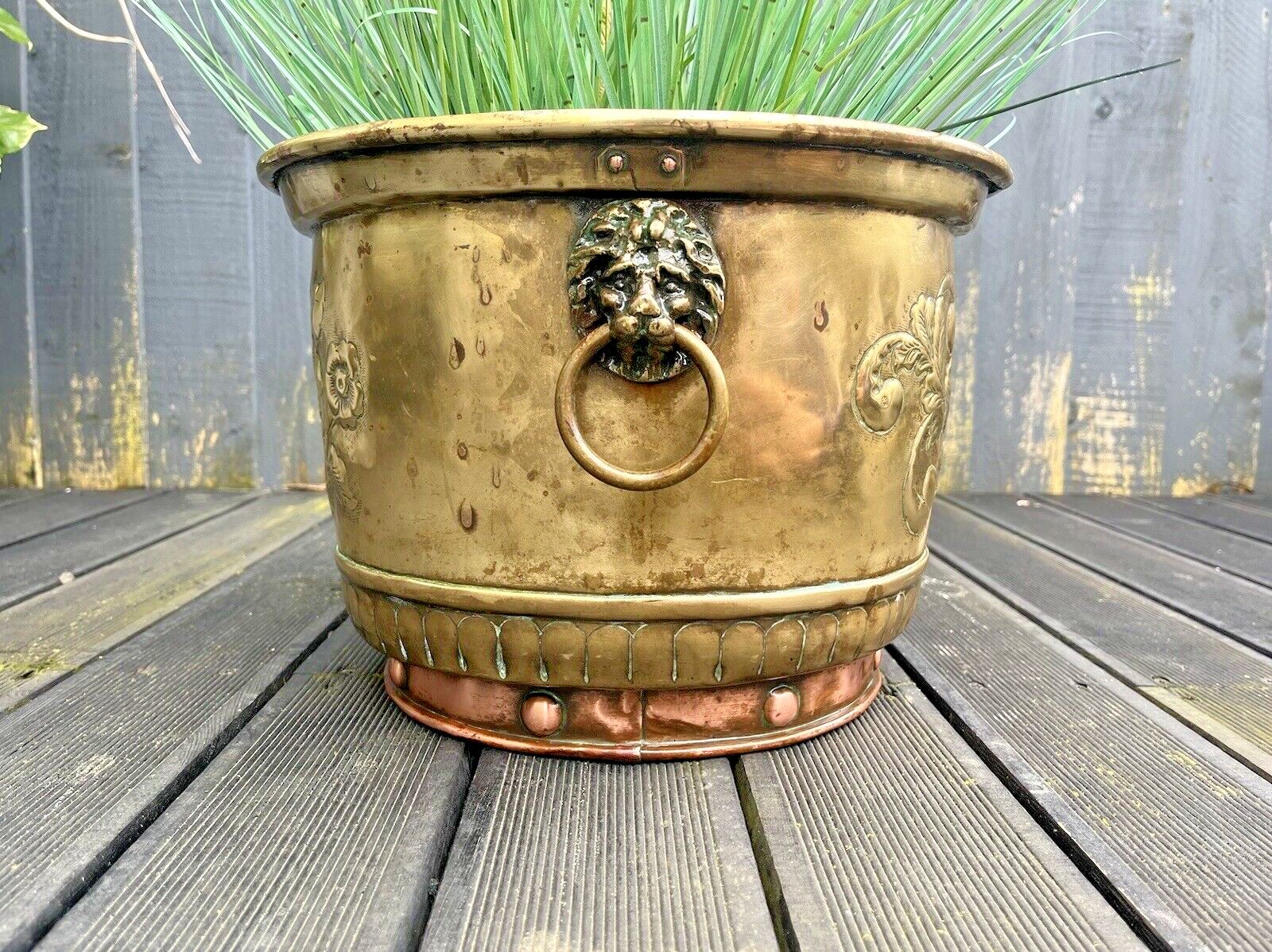 Antique Armorial Brass Copper Jardiniere Plant Pot Lion Head Handles Ice Bucket photo vinterior