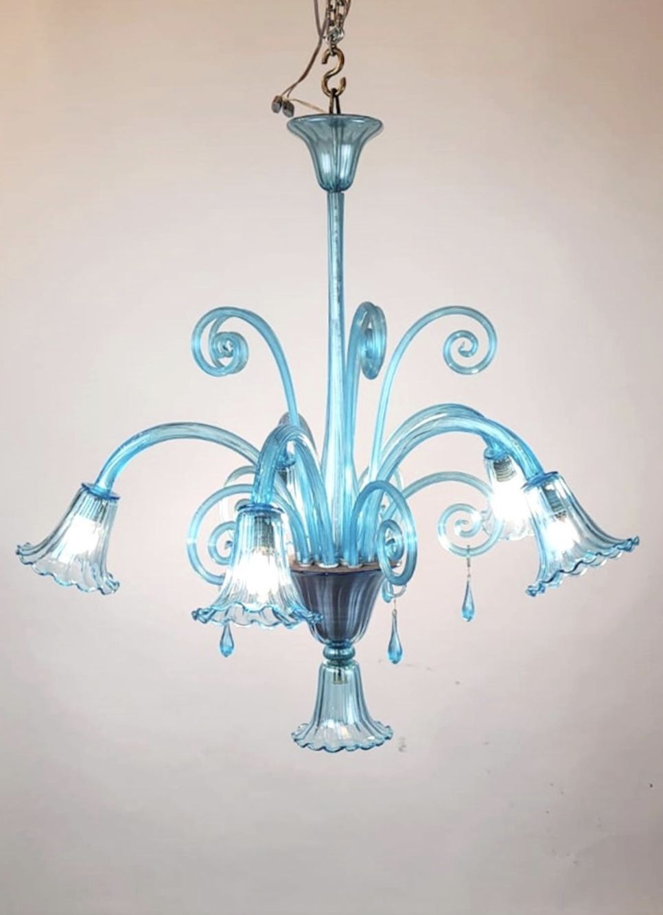 Murano Blue Glass Chandelier – 5 Arms Of Light, 1940s photo for sale