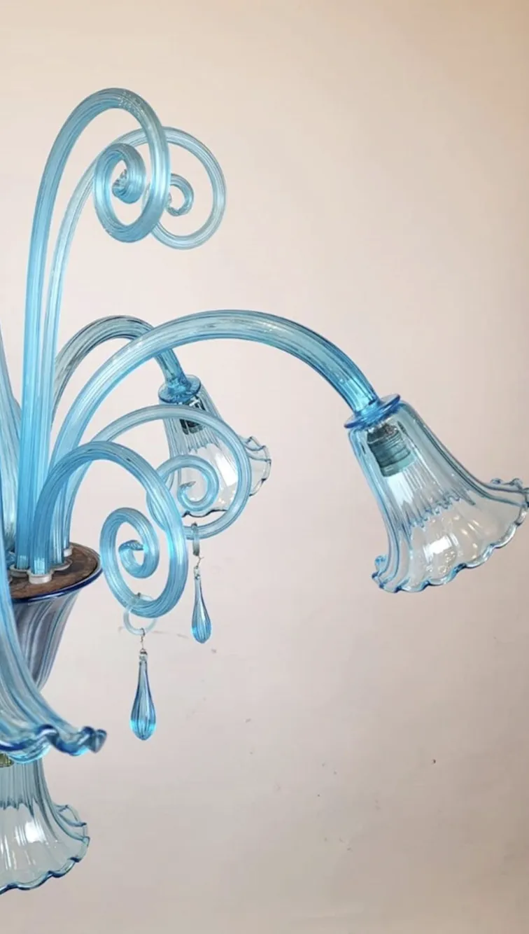 Murano Blue Glass Chandelier – 5 Arms Of Light, 1940s photo vintage