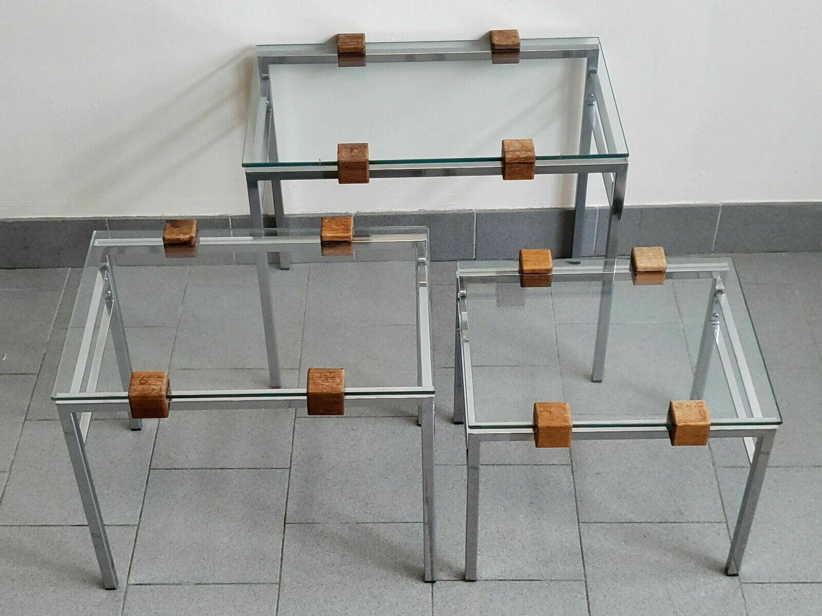 Set Of 3 Vintage Scandinavian Nest Of Tables 1960 Teak Steel & Glass 60s 1960s photo Furniture