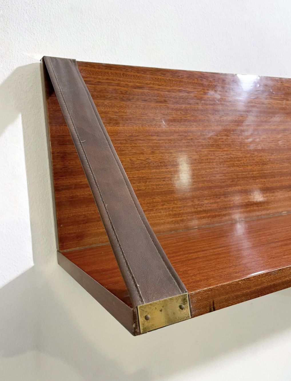 Mid Century Wood, Leather And Brass Shelve, Italy, 1960s – 2 Available photo 1180.0