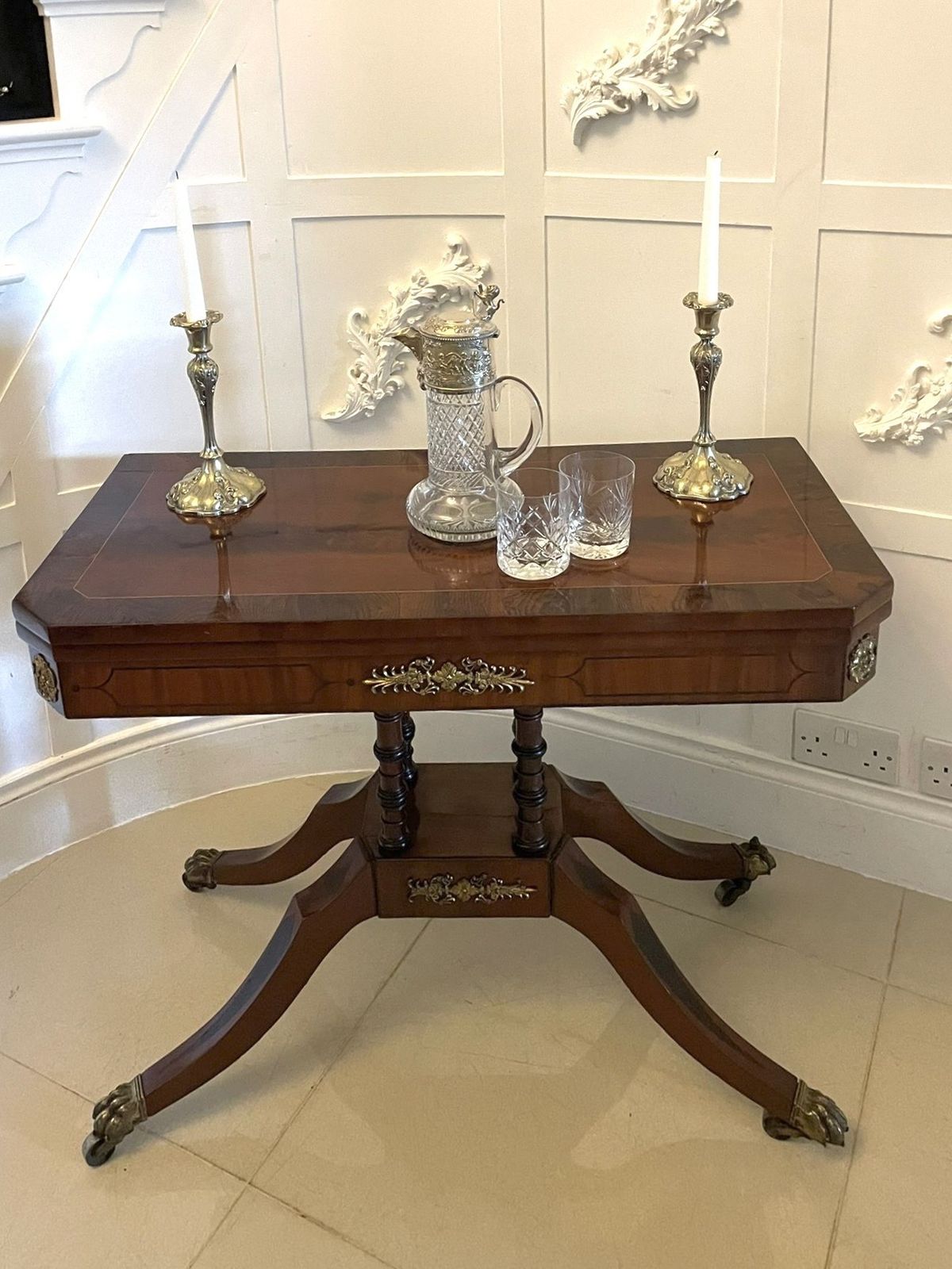 Antique Figured Mahogany Card Table With Gilded Brass Mounts photo furniture