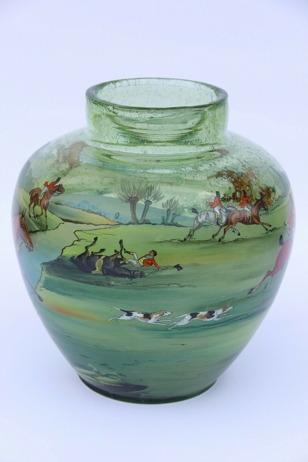 An Outstanding Large Bohemian Hand Blown Green Glass Vase Decorated With A Superb Hand Painted Enamelled Fox Hunting Scene. photo for sale