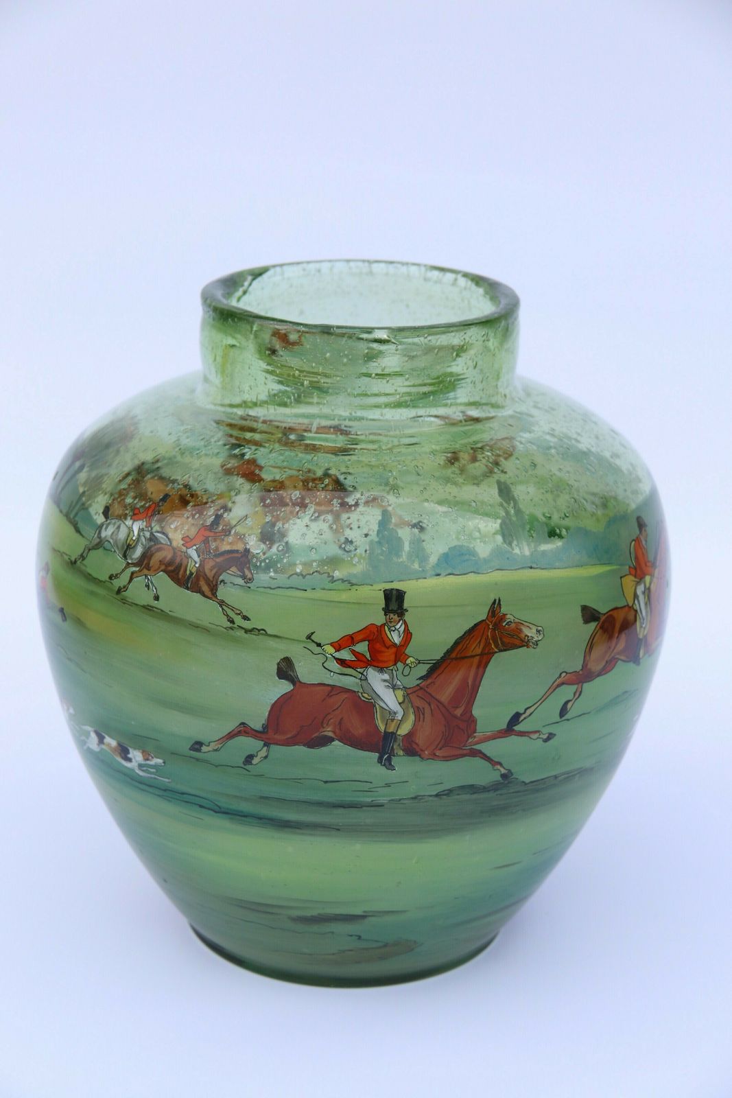 An Outstanding Large Bohemian Hand Blown Green Glass Vase Decorated With A Superb Hand Painted Enamelled Fox Hunting Scene. photo 1396.0