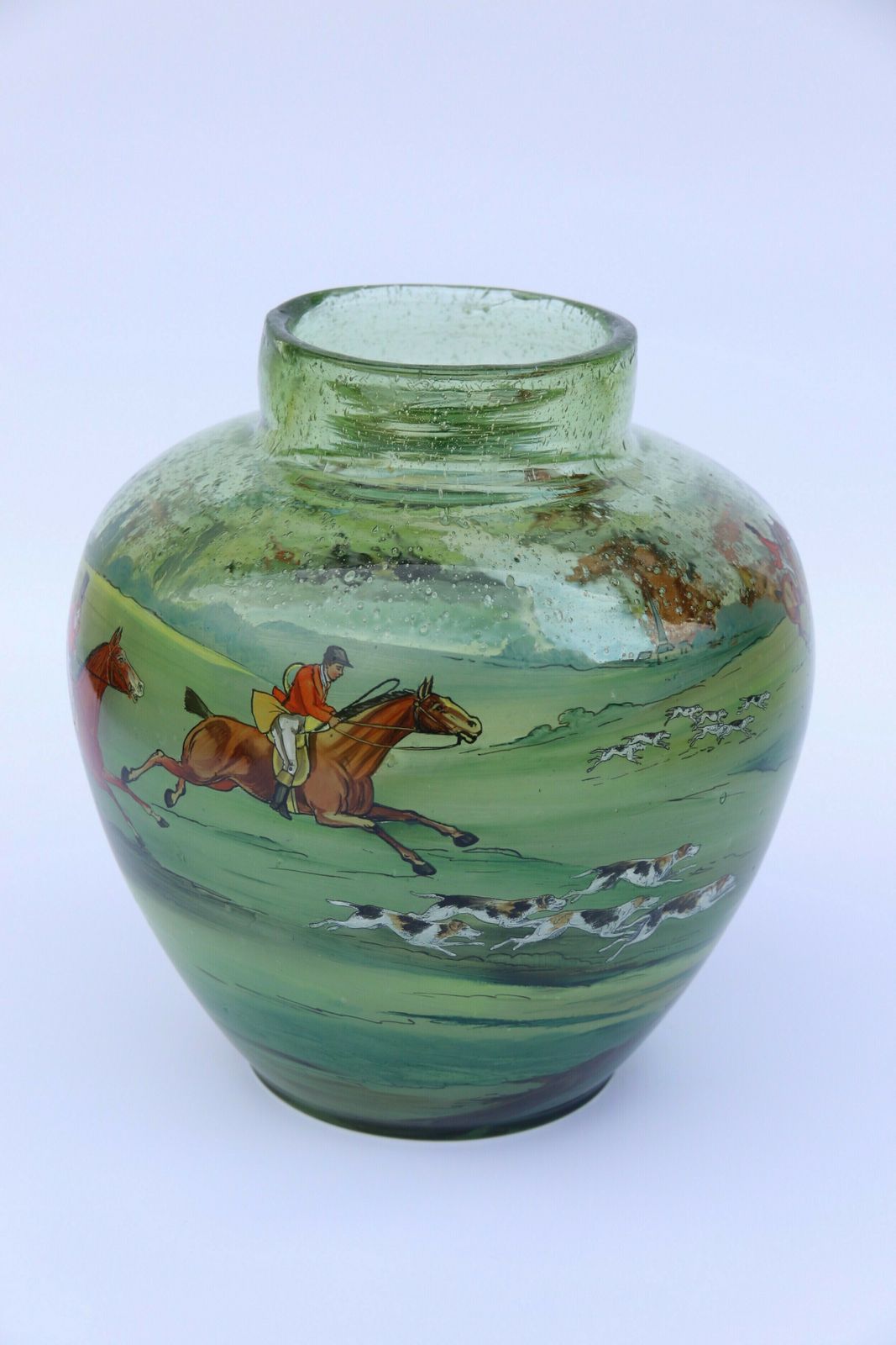 An Outstanding Large Bohemian Hand Blown Green Glass Vase Decorated With A Superb Hand Painted Enamelled Fox Hunting Scene. photo buy