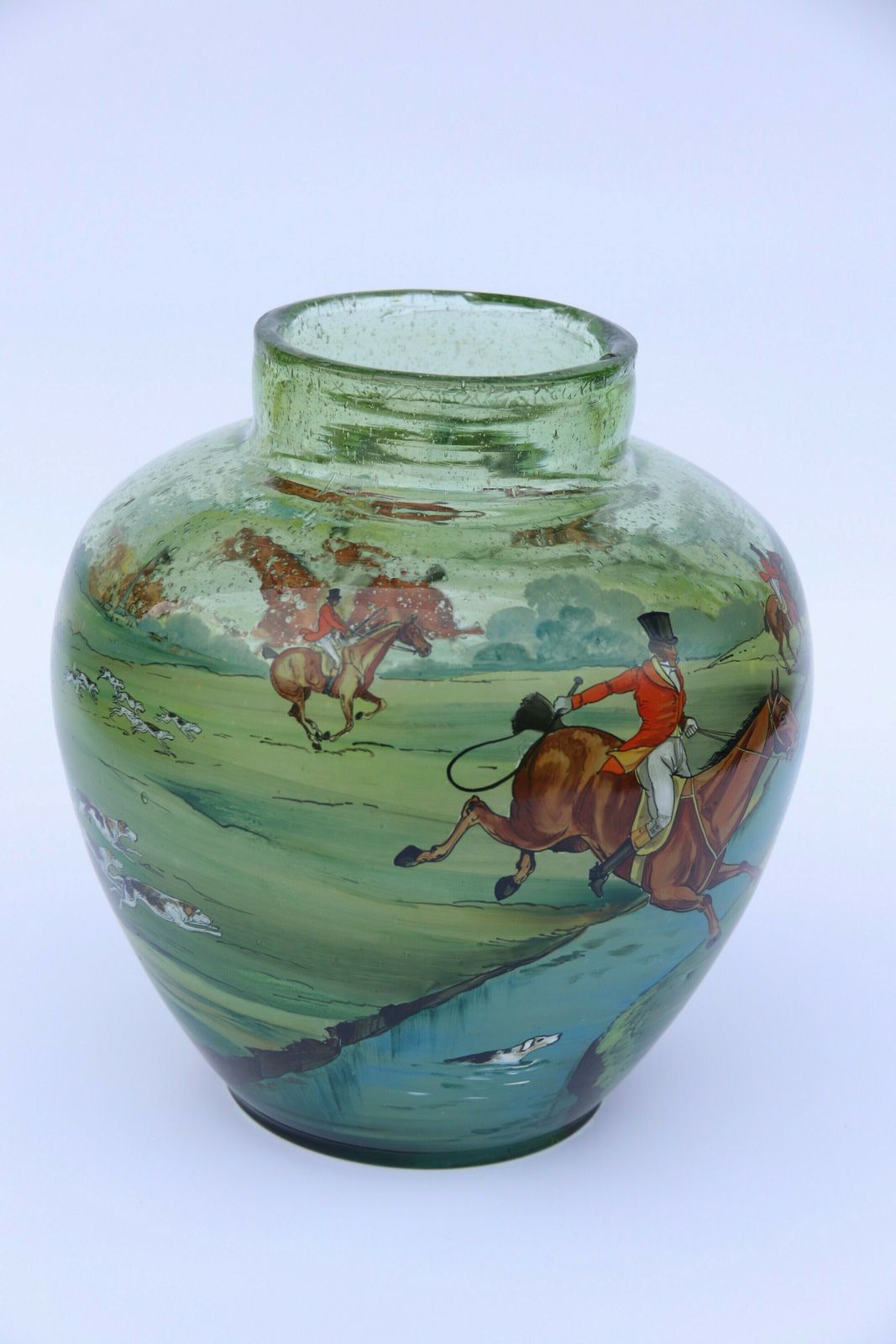 photo furniture An Outstanding Large Bohemian Hand Blown Green Glass Vase Decorated With A Superb Hand Painted Enamelled Fox Hunting Scene.