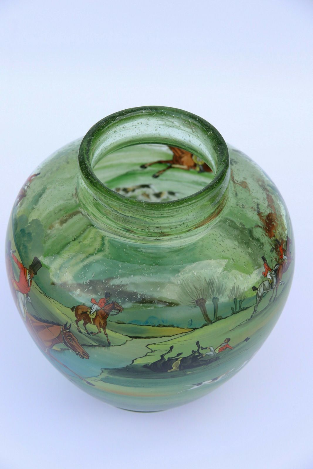 1396.0 An Outstanding Large Bohemian Hand Blown Green Glass Vase Decorated With A Superb Hand Painted Enamelled Fox Hunting Scene. photo