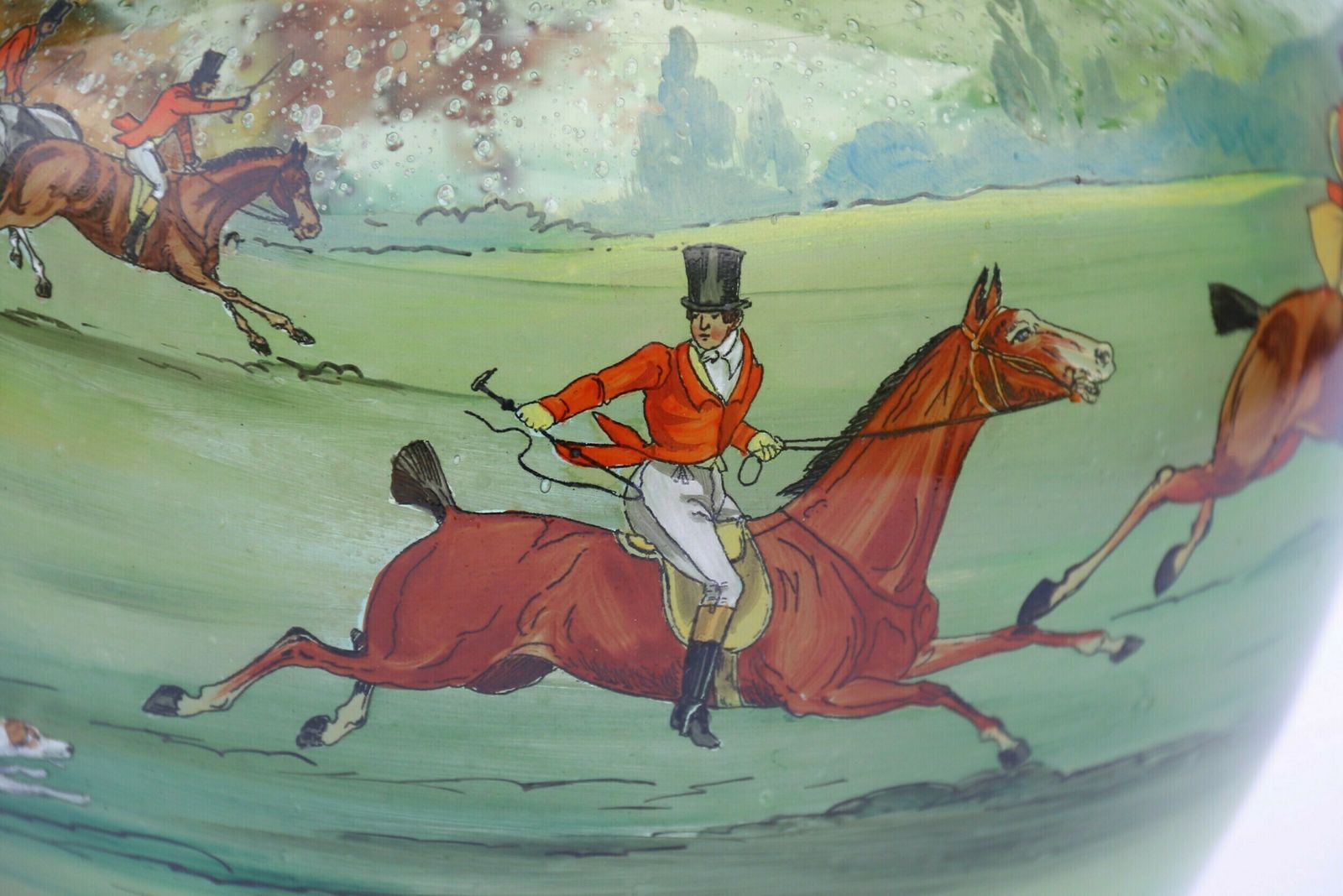 photo buy An Outstanding Large Bohemian Hand Blown Green Glass Vase Decorated With A Superb Hand Painted Enamelled Fox Hunting Scene.